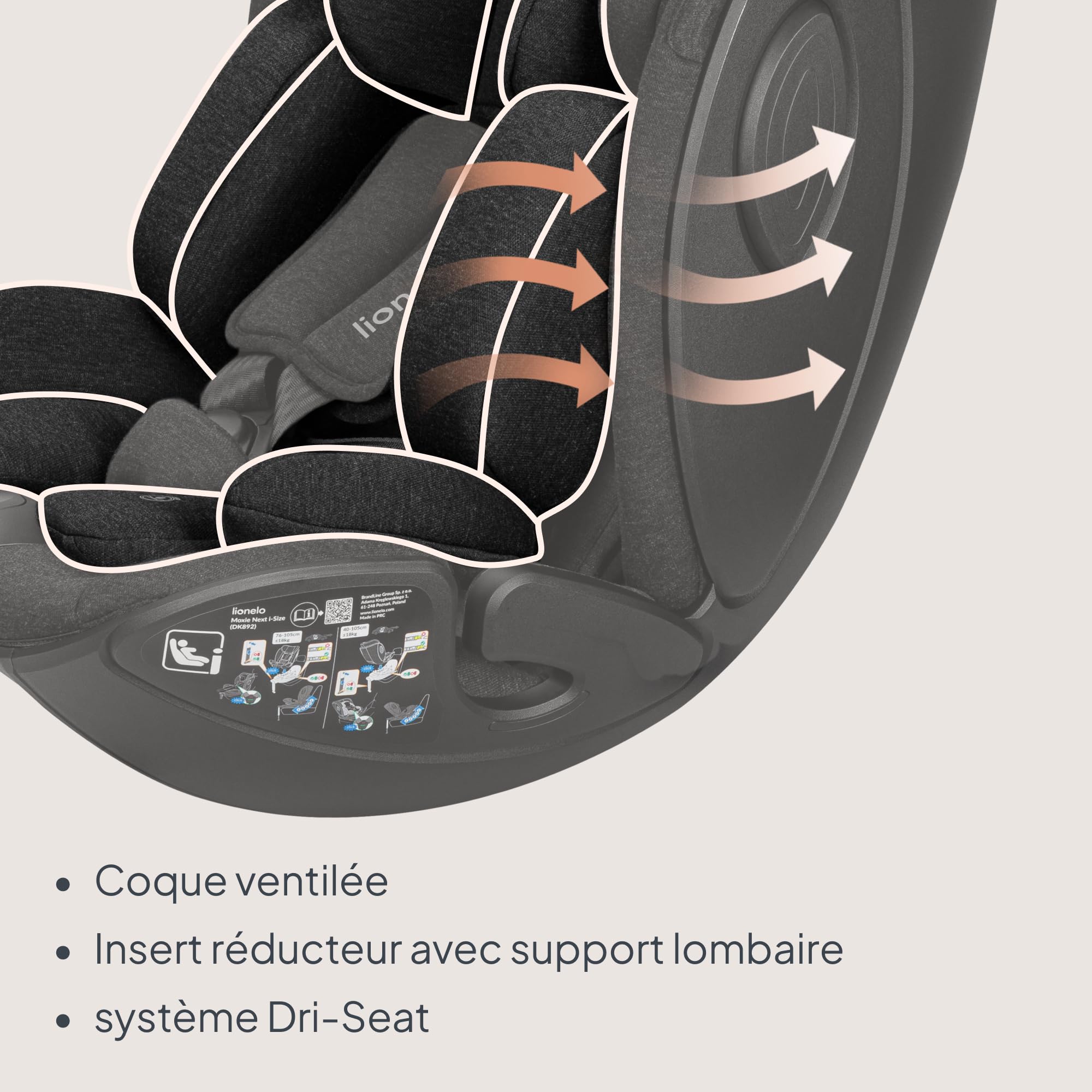 Lionelo Moxie Next i-Size Siège Auto Pivotant Pour Bébé Env. 0-4 Ans (40-105 Cm), 0-18 Kg, Installation Sur Base Rotative 360°, Protection Latérale SIP (Black)