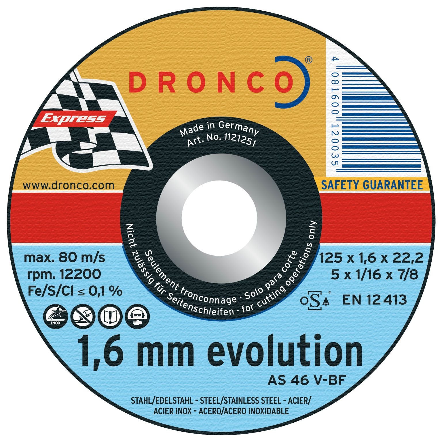 DRONCO AS46V-125 - Disco de corte metal AS 46 V Evolution Express, 125 x 1,6 mm