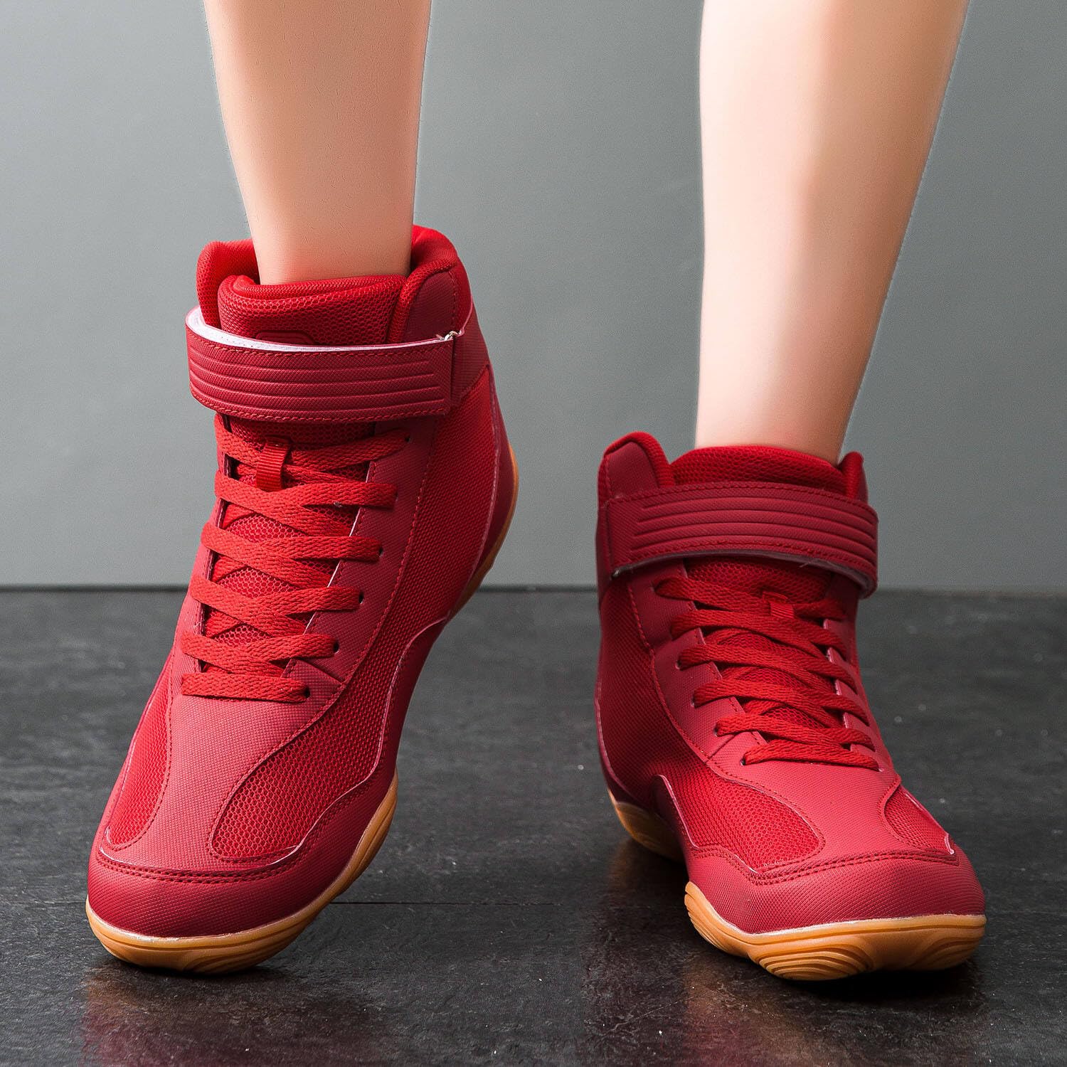 DimaiGlobal Scarpe da wrestling da uomo, scarpe da ginnastica da boxe, suola a goccia zero, scarpe da combattimento, taekwondo, karate, arti marziali, Rosso, 42 EU