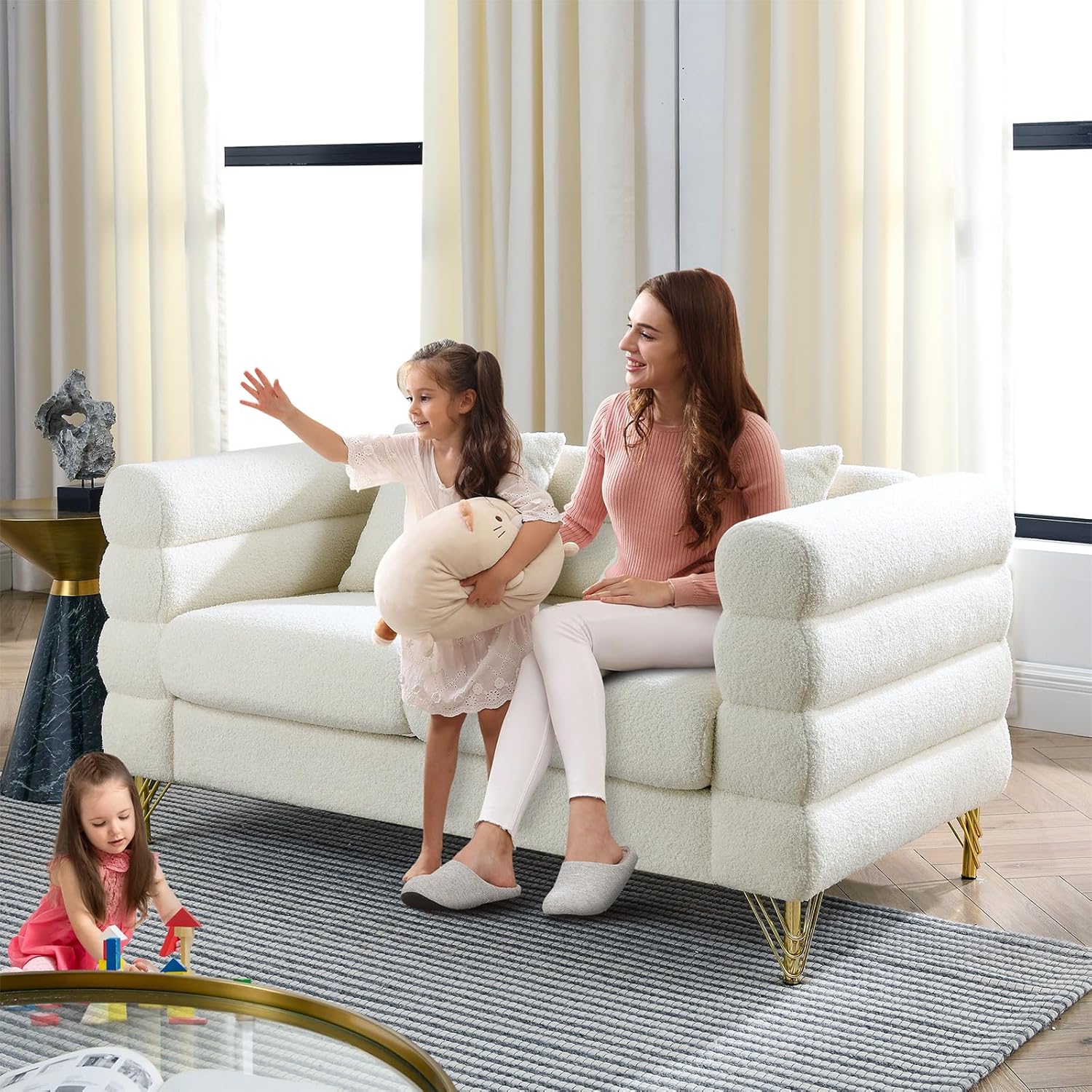 Antetek 60-inch Couches for Living Room, Modern Teddy Fabric Upholstered Loveseat Sofa Couch with Square Arm and 4 Golden Metal Legs for Living Room, Office, Apartment, White