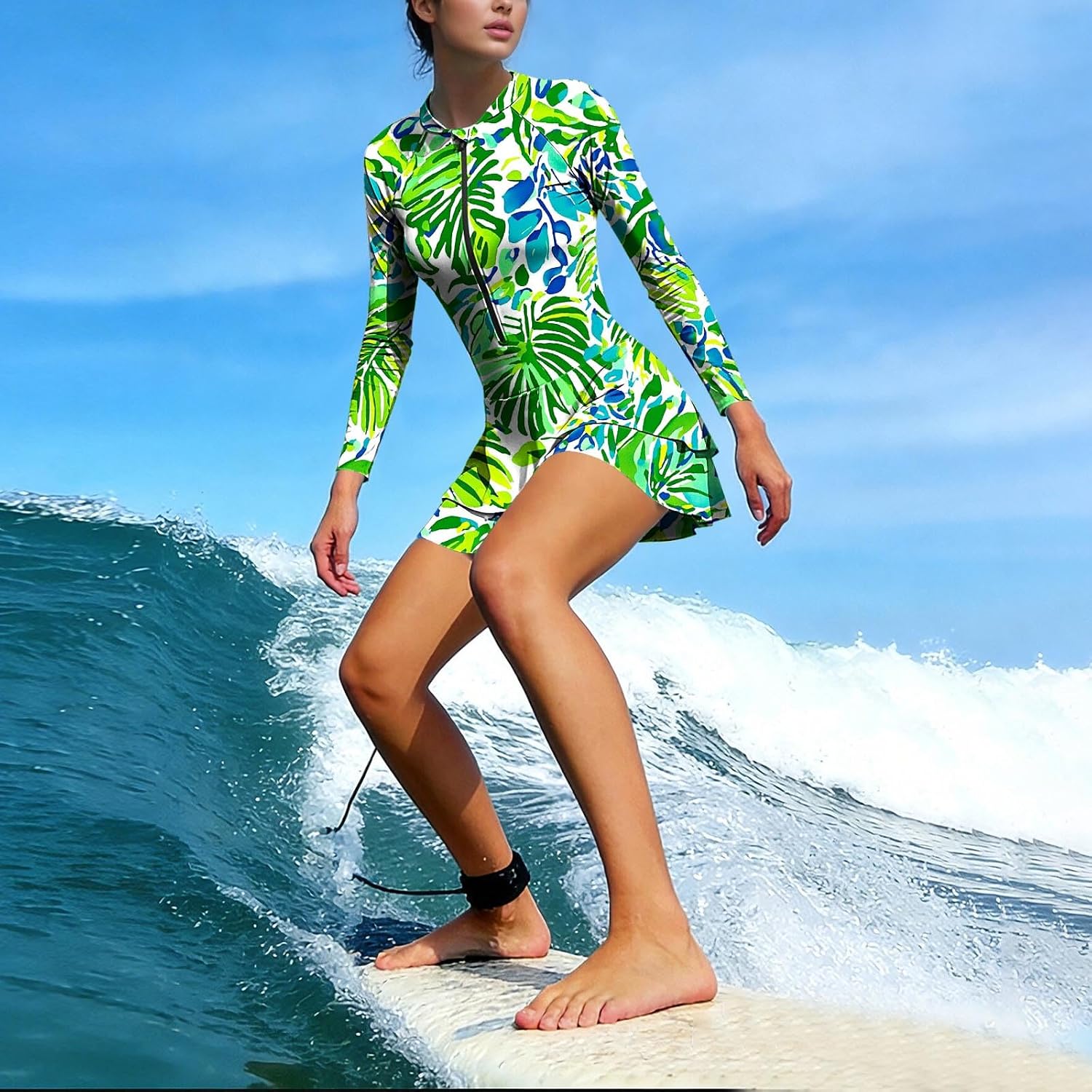 Women's Two Piece Rash Guard Swimsuits Long Sleeve Zip Up UPF 50 Sun Protection Swimdress with Boyshorts