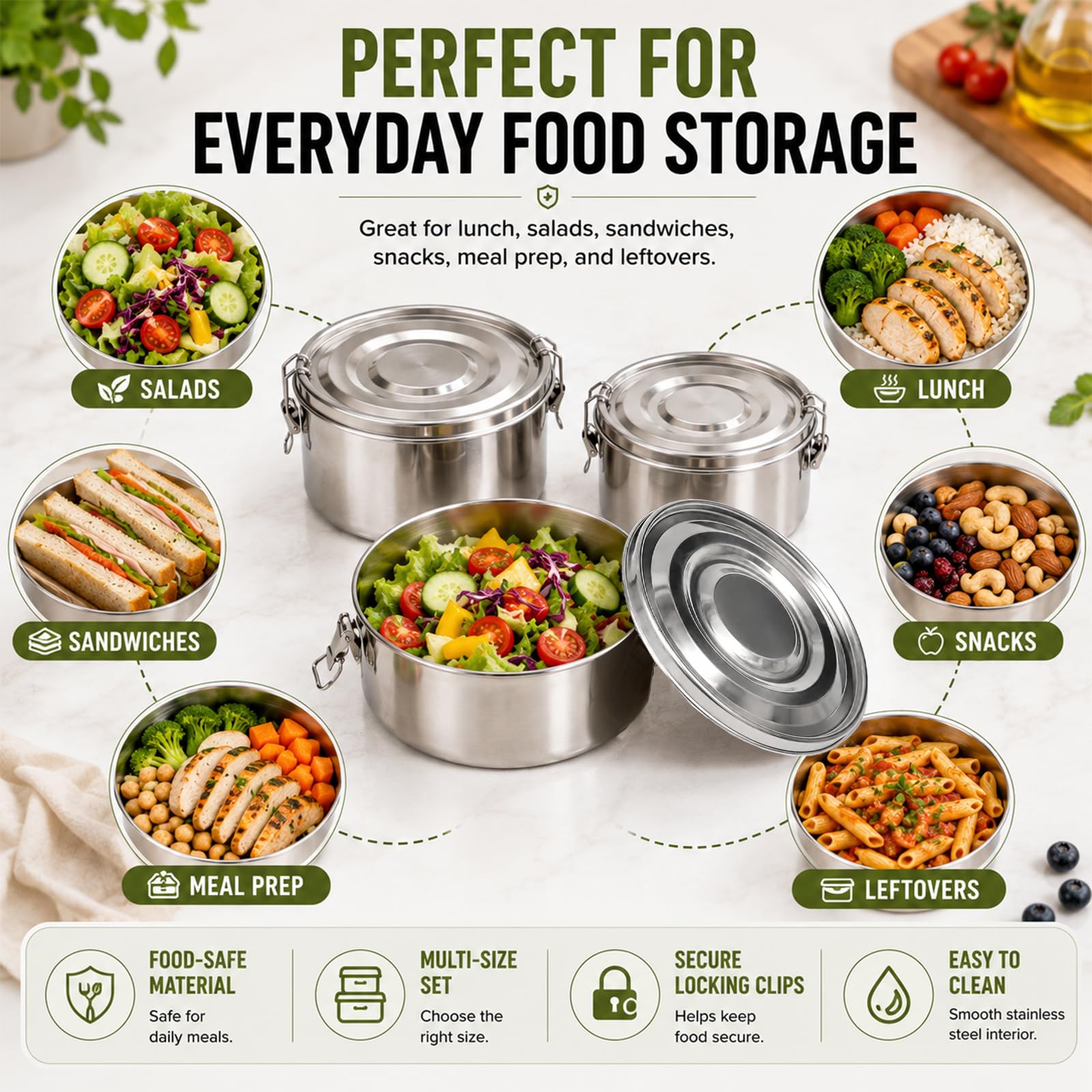 4 Piezas Ronda Fiambrera de Acero Inoxidable con Tapa Bento Box | para Comida Trabajo Escuela Picnic,660ml+1040ml+1590ml+2200ml,Lunch Box Stainless Steel,Lonchera Metalica Sellada Hermetica