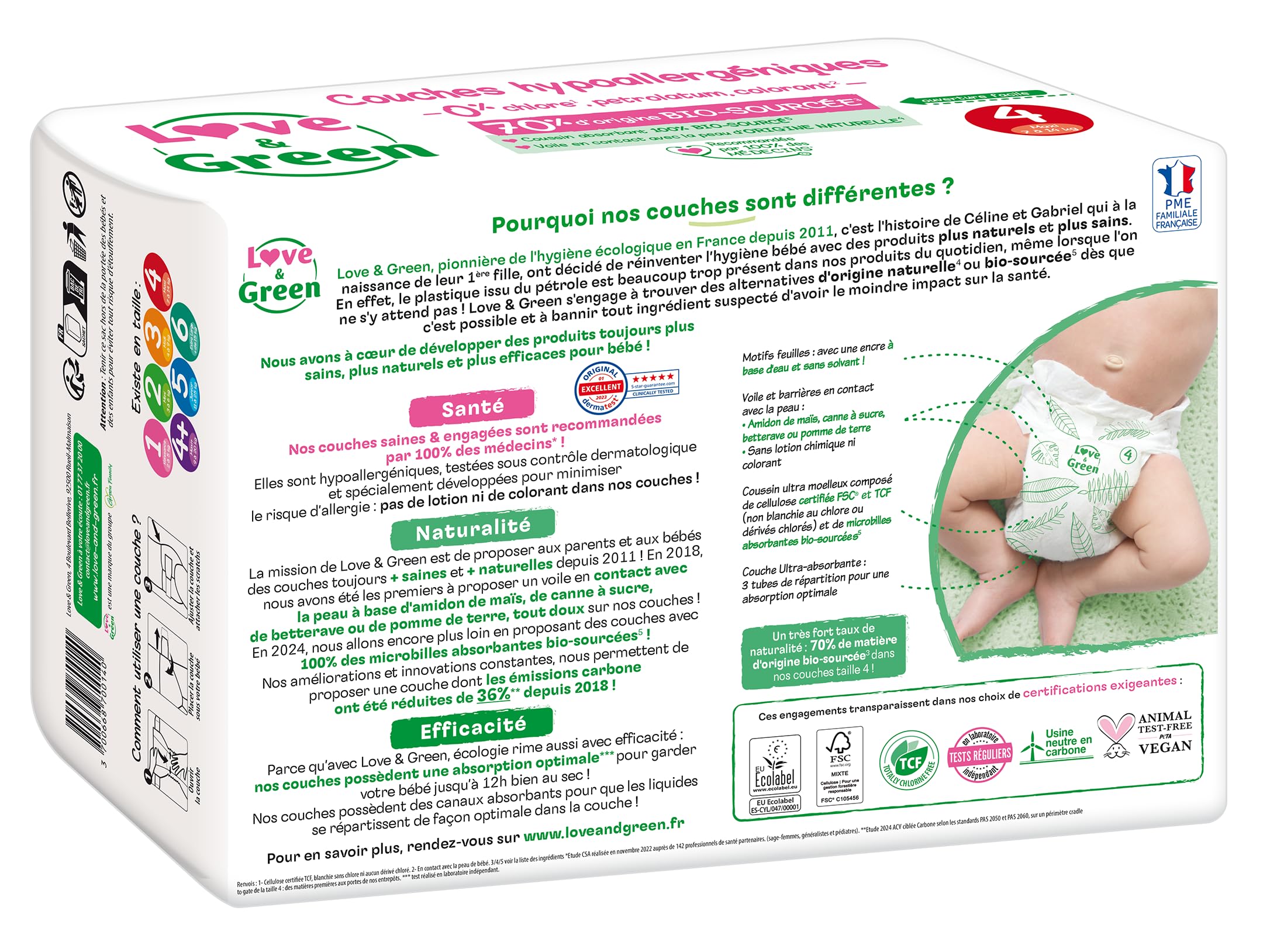 Love & Green - Couches Bébé Saines et Ecologiques - Taille 4 (7-14 Kg) - Pack 1 Mois (184 Couches) - Absorbante, anti-fuites et sans ingrédients indésirables - 4