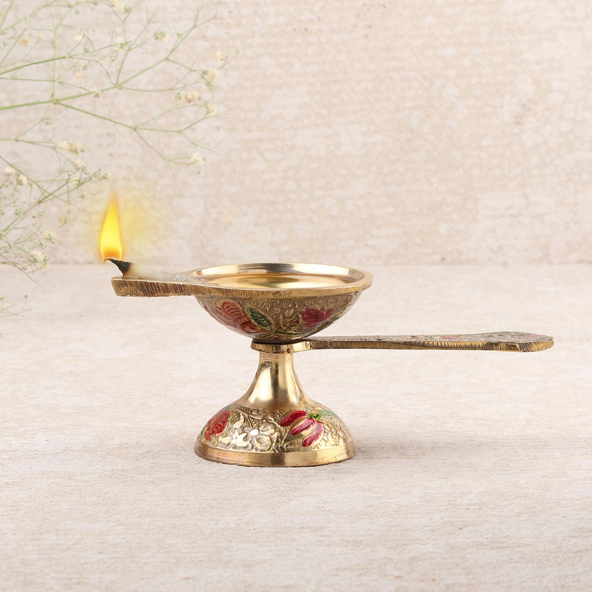 DOKCHAN Premium Golden Brass Designer Laxmi Diya with Handle for Pooja and All Festivals (Size : 13cm | Weight : 144gm)