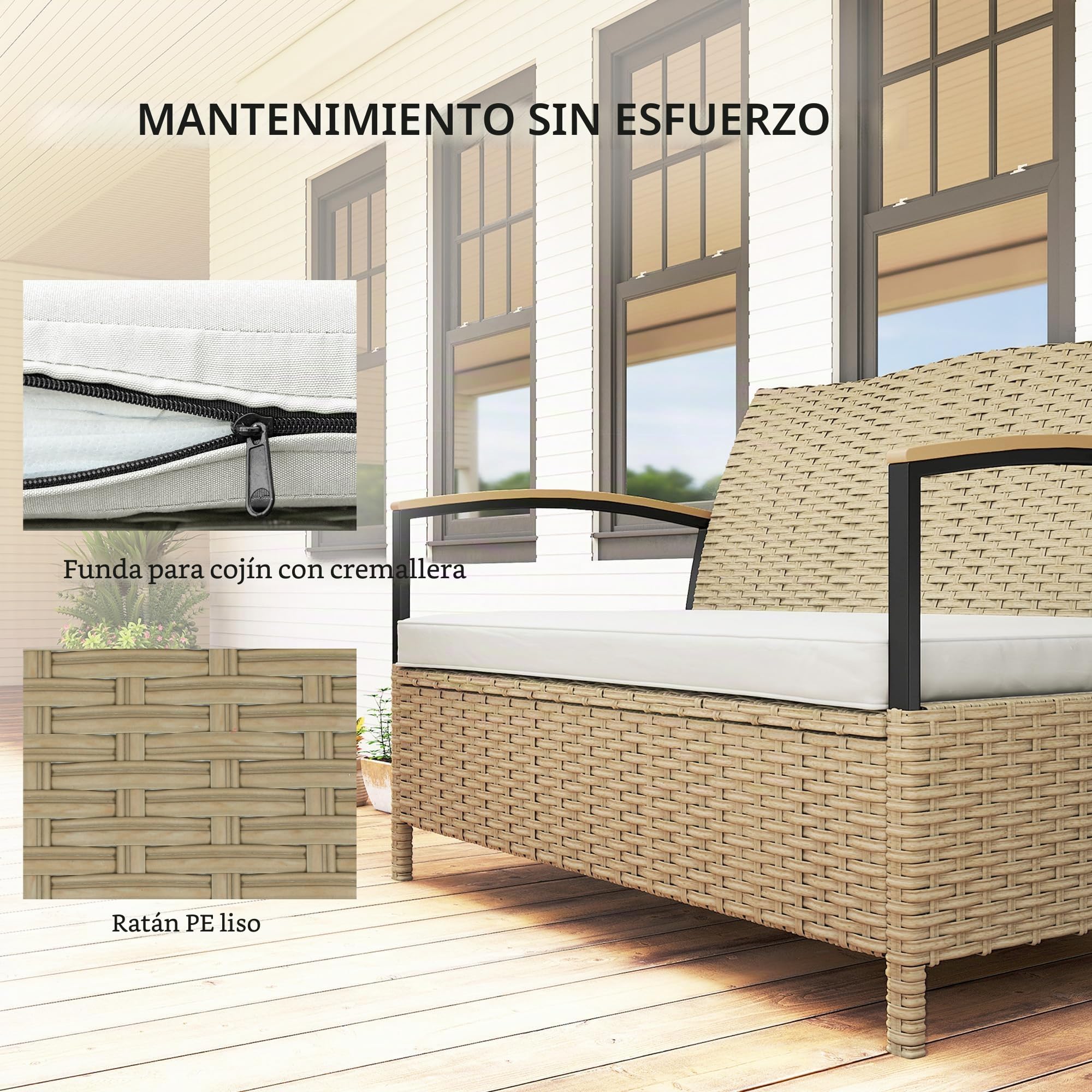 Outsunny Baúl para Exteriores, Banco con contenedor para jardín de 125 l, sofá de 2 plazas de ratán PE con cojín Acolchado, Estructura metálica para Patio, jardín y balcón, Caqui