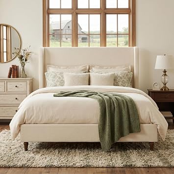 Upholstered Platform Wingback Bed Frame with 54" High Headboard, Solid Walnut Wood Feet, Sturdy Metal & Wood Slats Boucle, Ivory White-R2030, Queen U.S. Standard