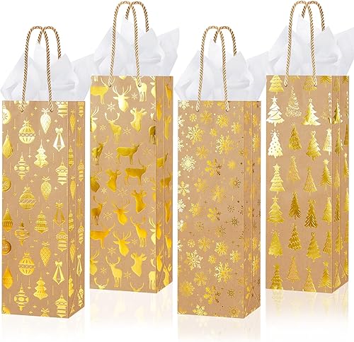 Paquete de 32 bolsas de regalo de papel kraft de Navidad con asa de papel de seda metálico dorado champán con 4 diseños para vacaciones de invierno,