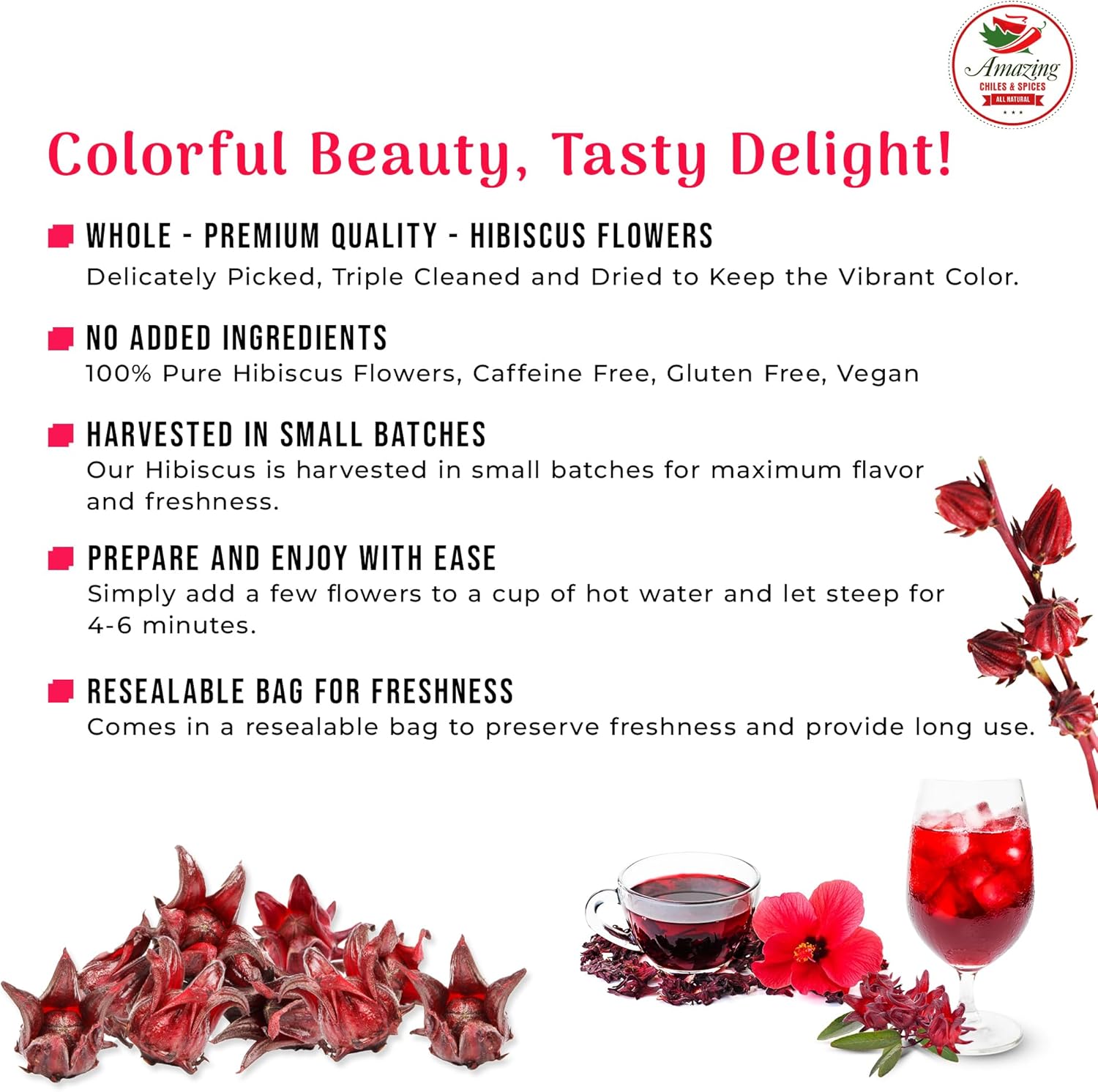 Hibiscus Flowers 2lb (32oz) – All Natural, Triple Cleaned - Whole Soft Flowers and Petals - Flor de Jamaica. Great for Hot or Iced Tea and Agua Fresca. By Amazing Chiles and Spices