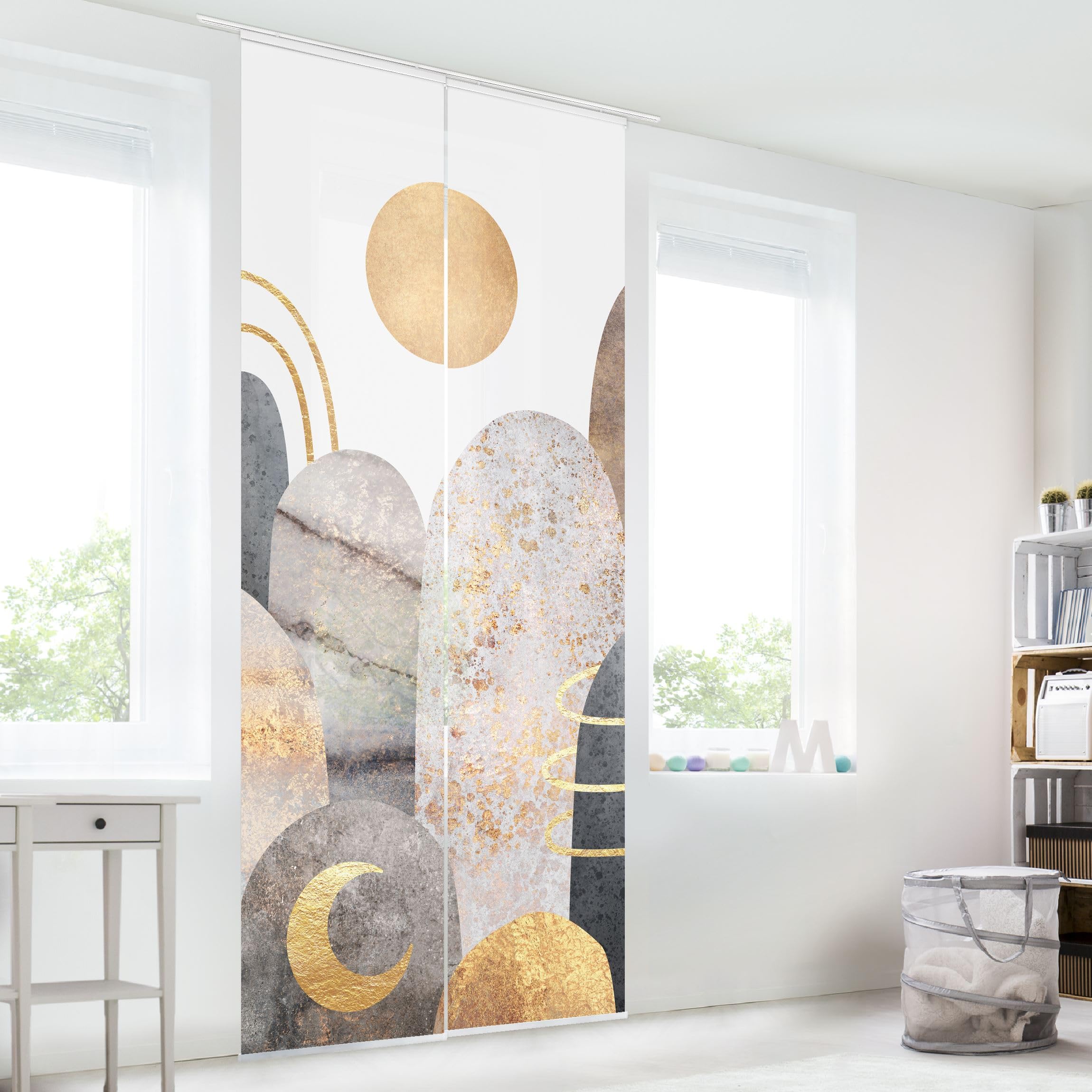 Schiebegardine halbtransparent 60er Paneel Klett Muster Textil lichtdurchlässig - Motiv Abstrakt Flächenvorhang grau Wohnzimmer Schlafzimmer 2559 (120x250 cm - 2er Set)