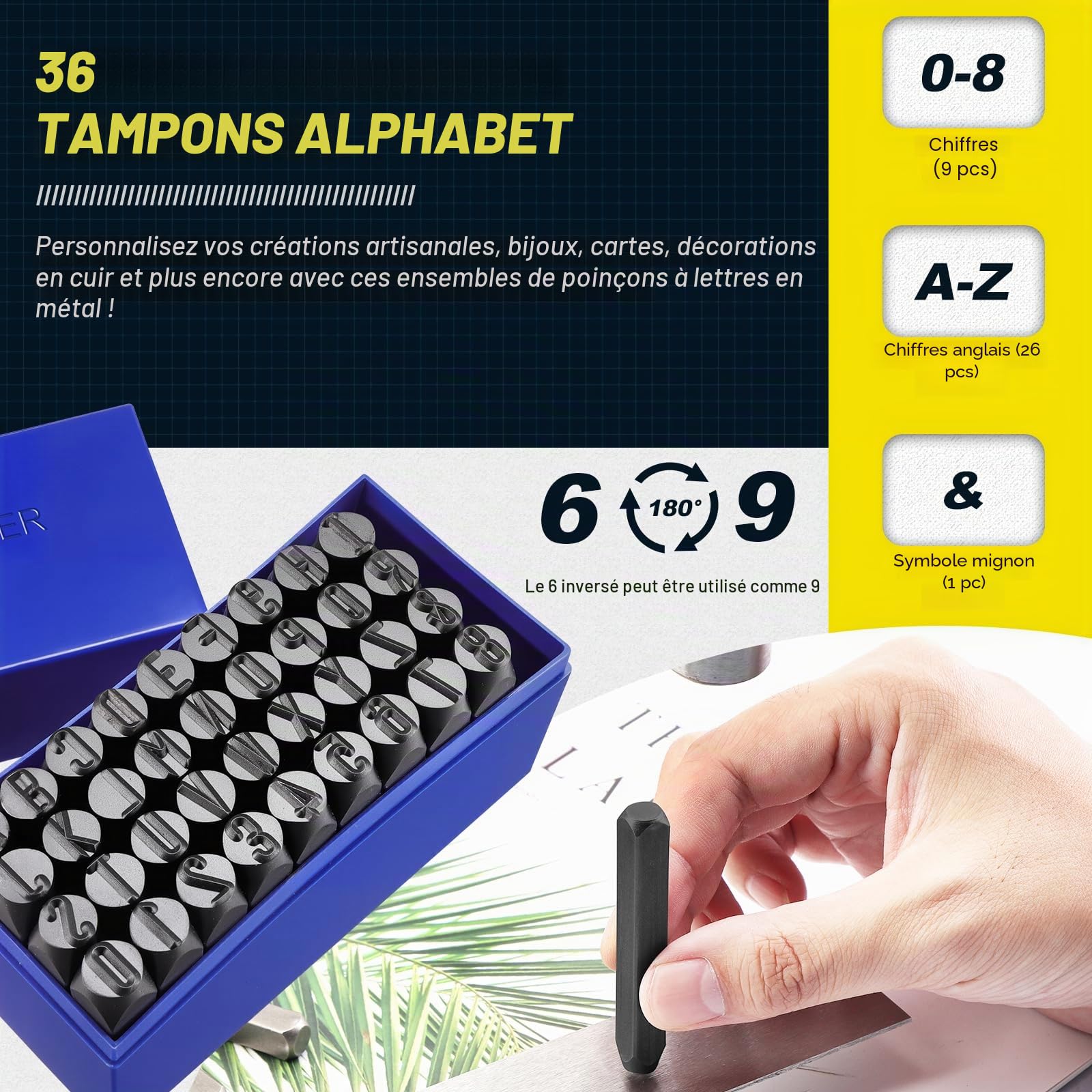 Gueenky 36 Pièces Lettres et Chiffres à Frapper, 10mm Poinçon Lettre Metal, A-Z et 0-9 Lettre a Frapper Metal, Chiffre à Frapper pour Estampage du Métal, du Plastique, du Bois, du Cuir