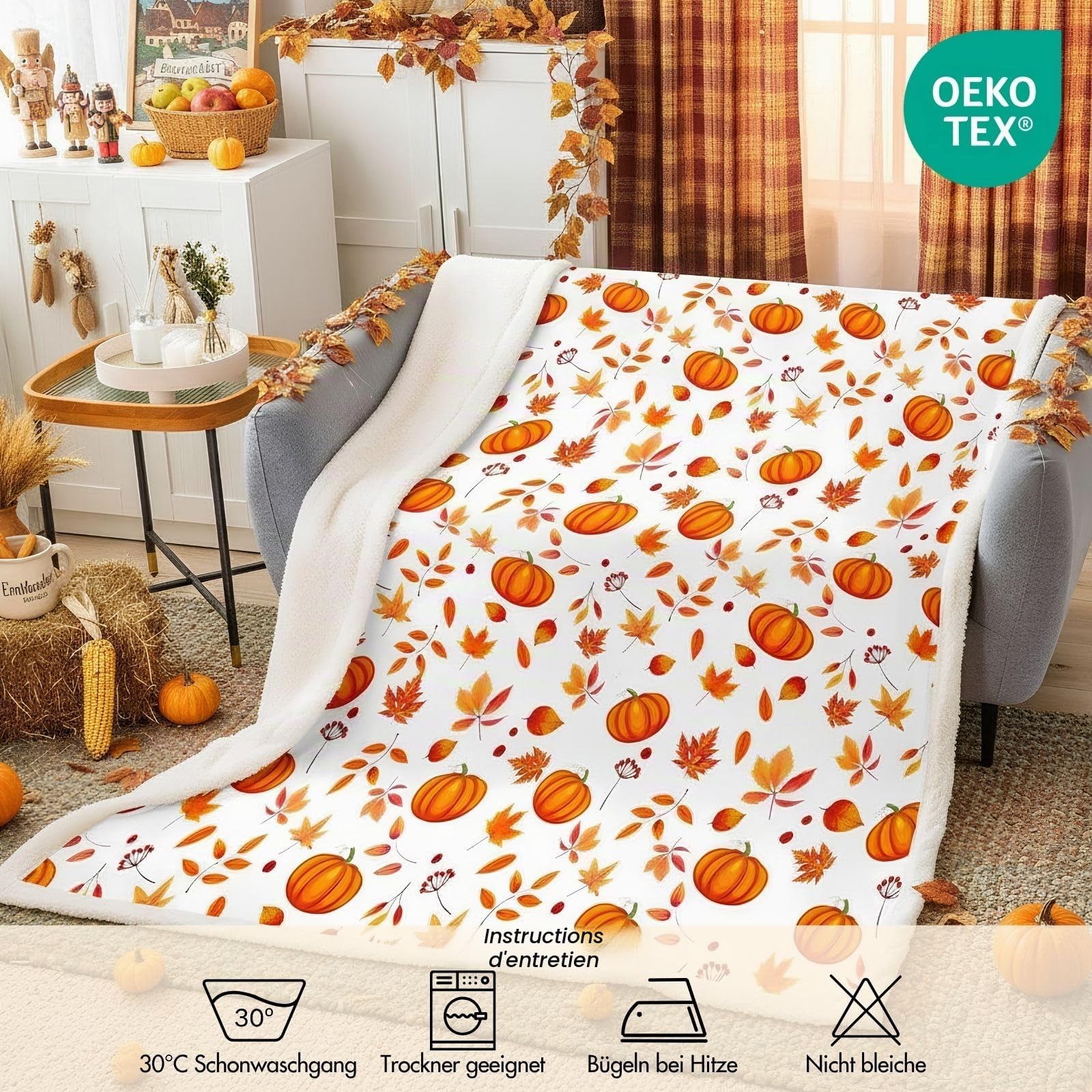 Couverture de citrouille d'Halloween,Joyeuse automne,100x130 cm,Douces fleurs d'automne,Feuilles d'érable,Couverture en polaire,Pour enfants garçons et filles,Décoration de la maison