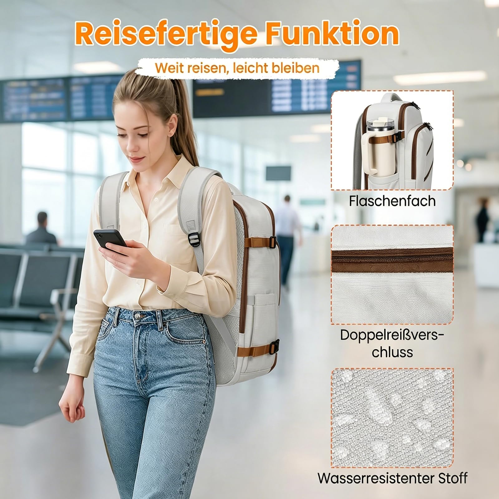 MATEIN Ryanair Handgepäck 40x30x20, Reiserucksack Damen mit Nassfach, Rucksack 40x30x20 mit 15.6 Zoll Laptopfach für Damen, Ryanair Rucksack für Reise, Reiserucksack für Business, Cloud Dancer