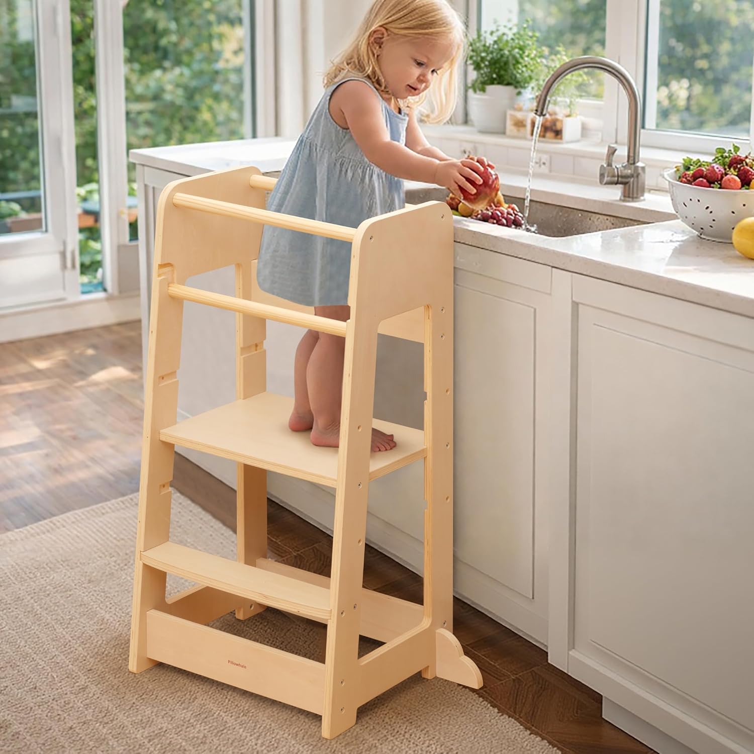 Standing Tower for Toddlers- Adjustable Height with 360° Safety Rail, Kids Step Stool with Safety Rail, Wooden Step Stool, Age 18 Months-6years