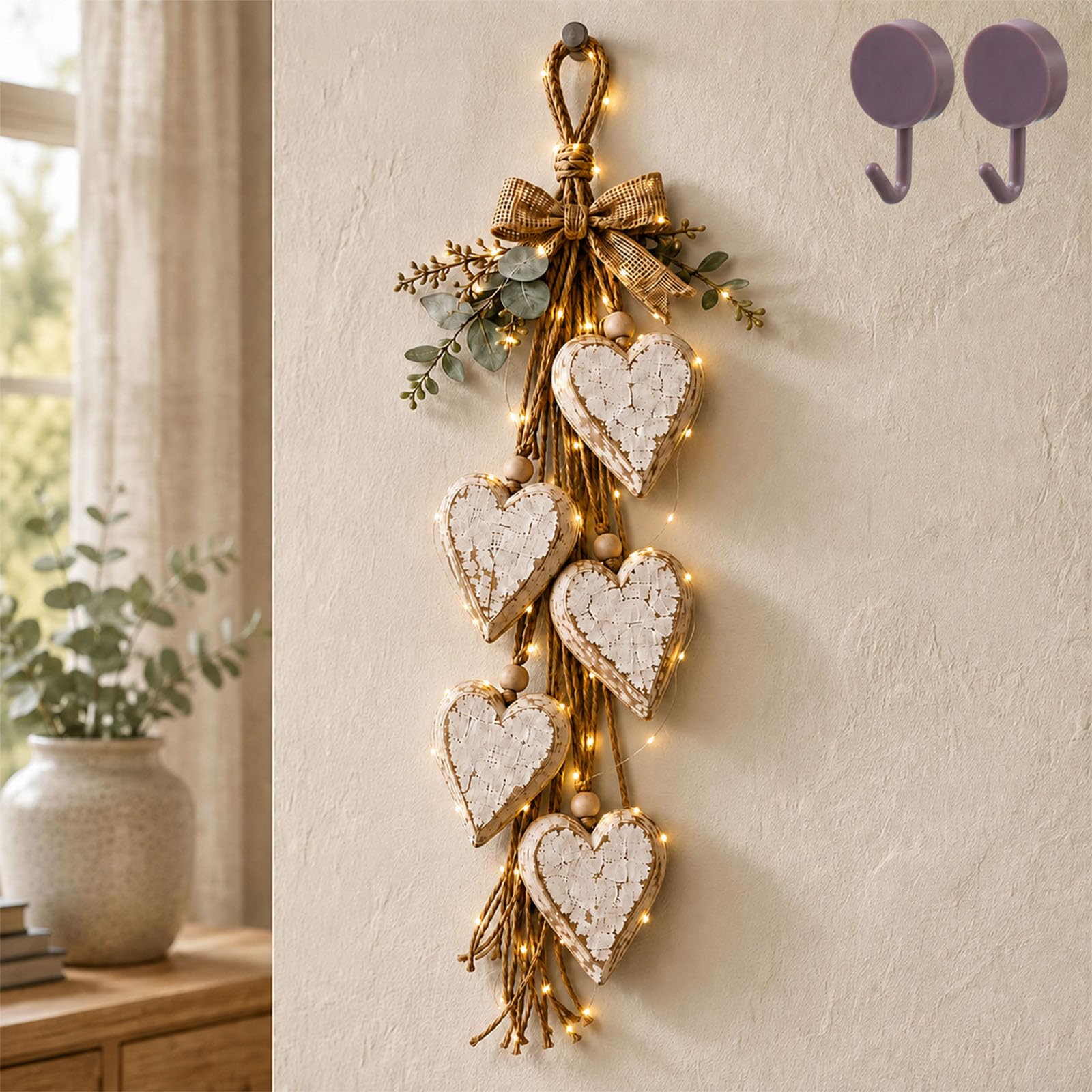 Rustic Farmhouse Hanging Heart Wall Decor, Wall Hanging Hearts，A light