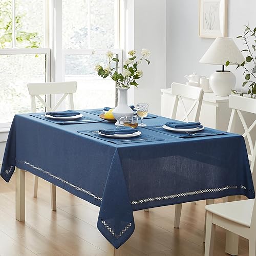 Newbridge Fabric Rectangle Tablecloth, 60 x 102 Inch, Easter Provence Lattice Cutwork Solid Color Textured, Water and Stain Resistant Easy Care Fabric Table Cloth for Spring Parties, Denim Blue