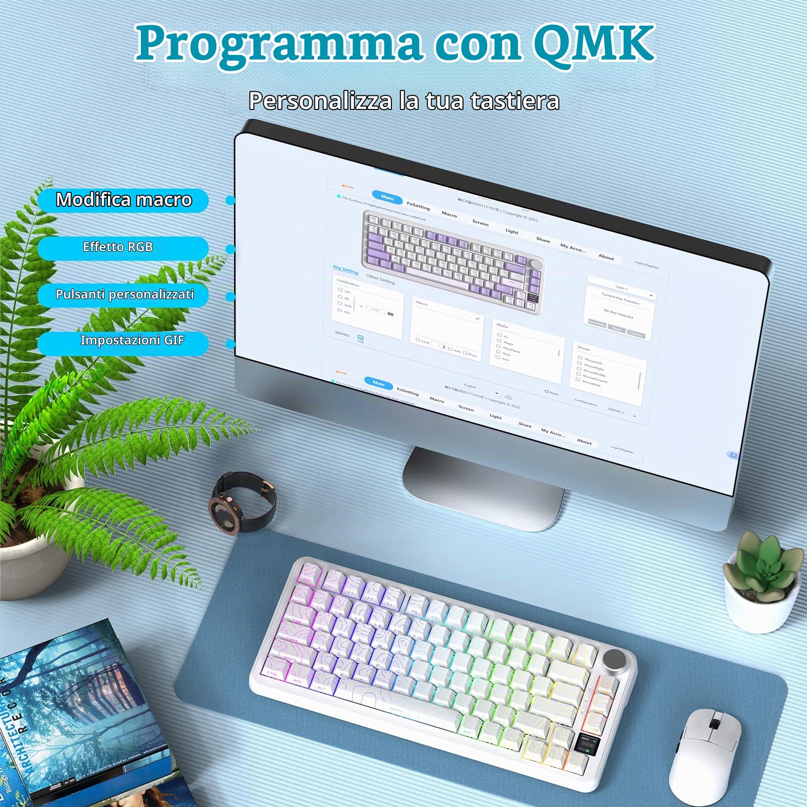 ATTACK SHARK X85PRO Tastiera Meccanica Wireless con Display TFT e Manopola, Tastiera da Gioco Montata su Guarnizione 75% QMK, 2.4G/BT/USB-C Cablata, Sostituibile a Caldo,4000mAh,RGB (Bianco)