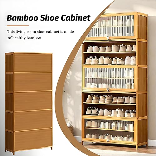 Miniatura 5 de Zapatero alto con puertas acrílicas, armario de zapatos de bambú de gran capacidad de 10 niveles, 40-45 pares de zapatero independiente y