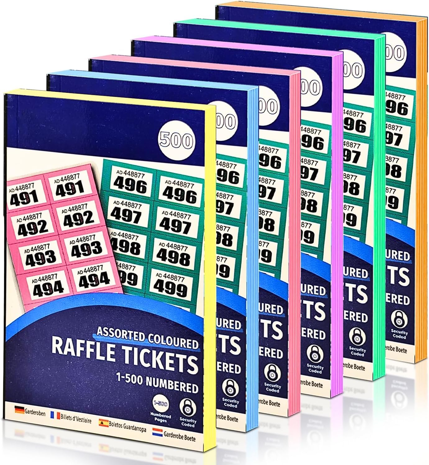 A&D Raffle Tickets, Numbered 1-500, Mixed Colour, Pack of 6, Easy-Tear Cloakroom Tickets for Charity Events, Prize Draws and Tombolas