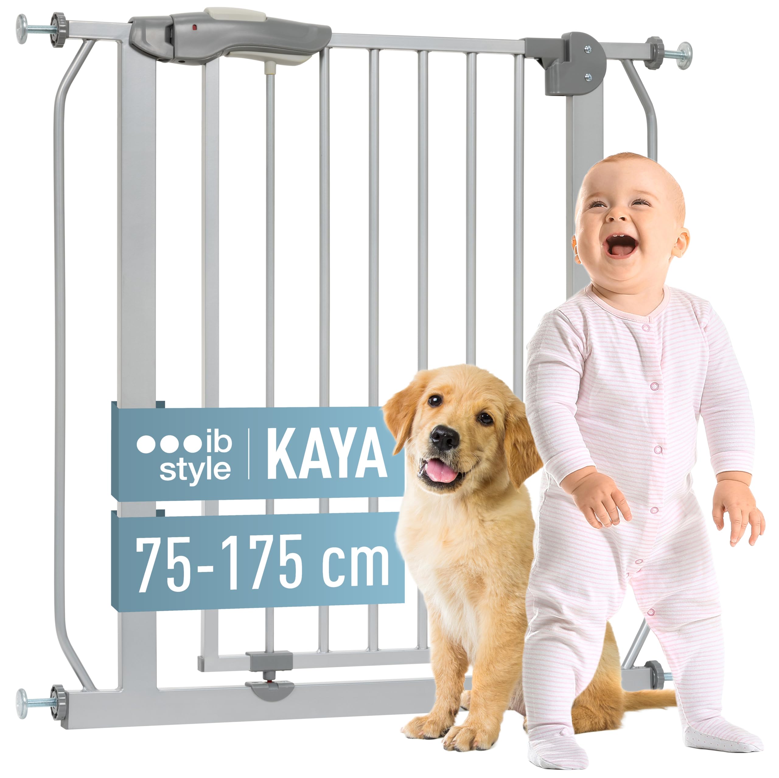 IB-Style - Barrera de seguridad para puerta/escalera «Kaya» | 75-175 cm | Color gris/plata | Se cierra automáticamente | 90° fijación | Doble cierre | Ajustable de 105-115 cm
