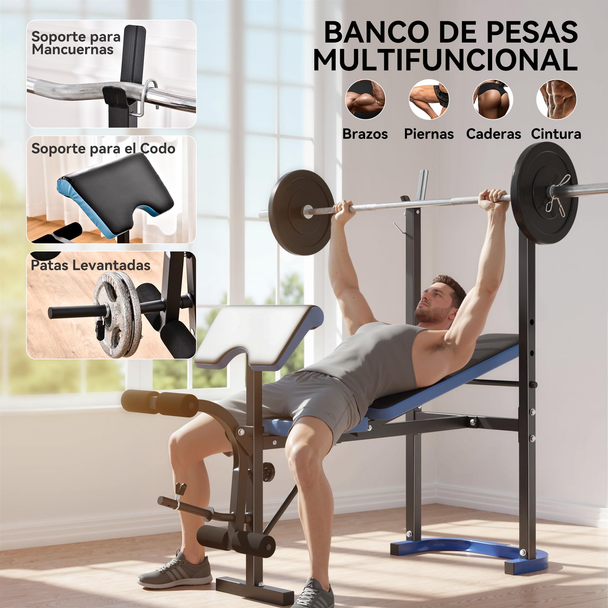 HOMCOM Banco de Musculación Multifuncional Banco de Pesas Negro y Azul | Soporte para Barra, Respaldo Ajustable, Entrenamiento Completos de Cuerpo, Casa Gimnasio