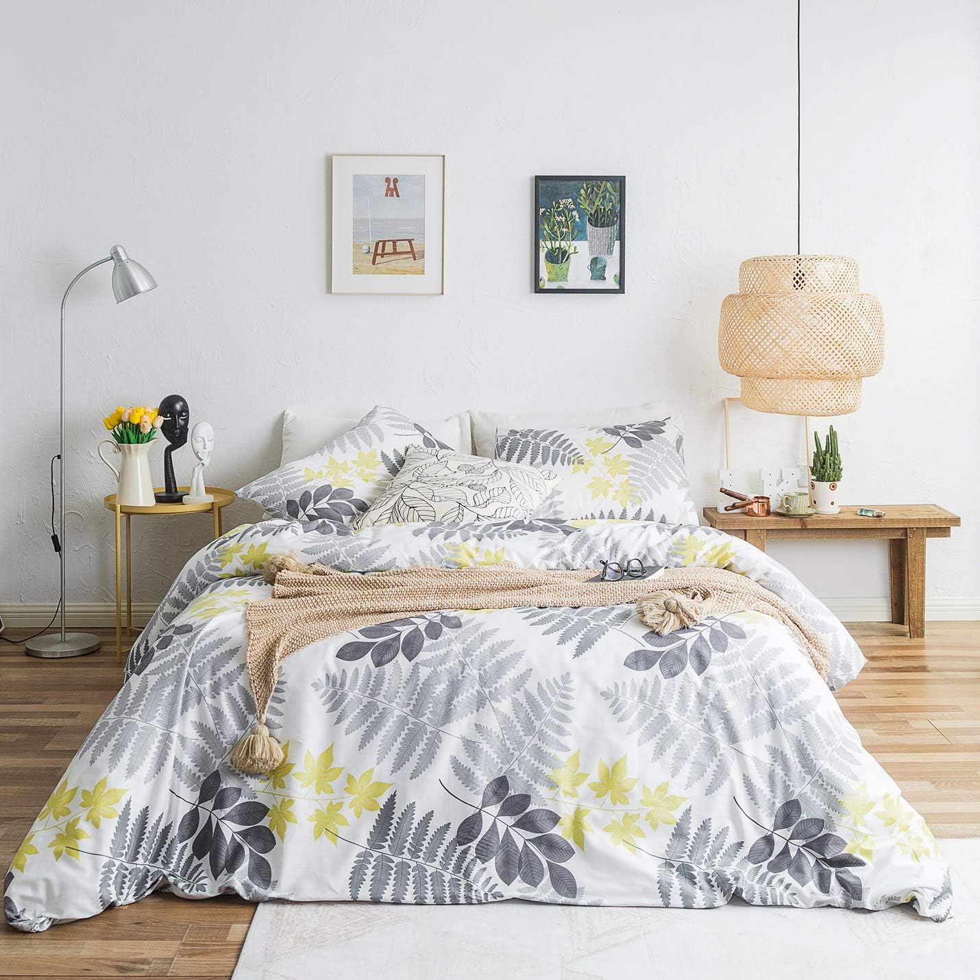 Prоmо Dіѕсоunt Uр Tо 70% оƒƒ YuHeGuoJi Duvet Cover Set 100% Cotton King Size Botanical Bedding 3 Piece Set 1 Grey Yellow Leaves Plants Print Duvet Cover with Zipper Ties 2 Pillowcases Hotel Quality Soft Breathable Comfortable