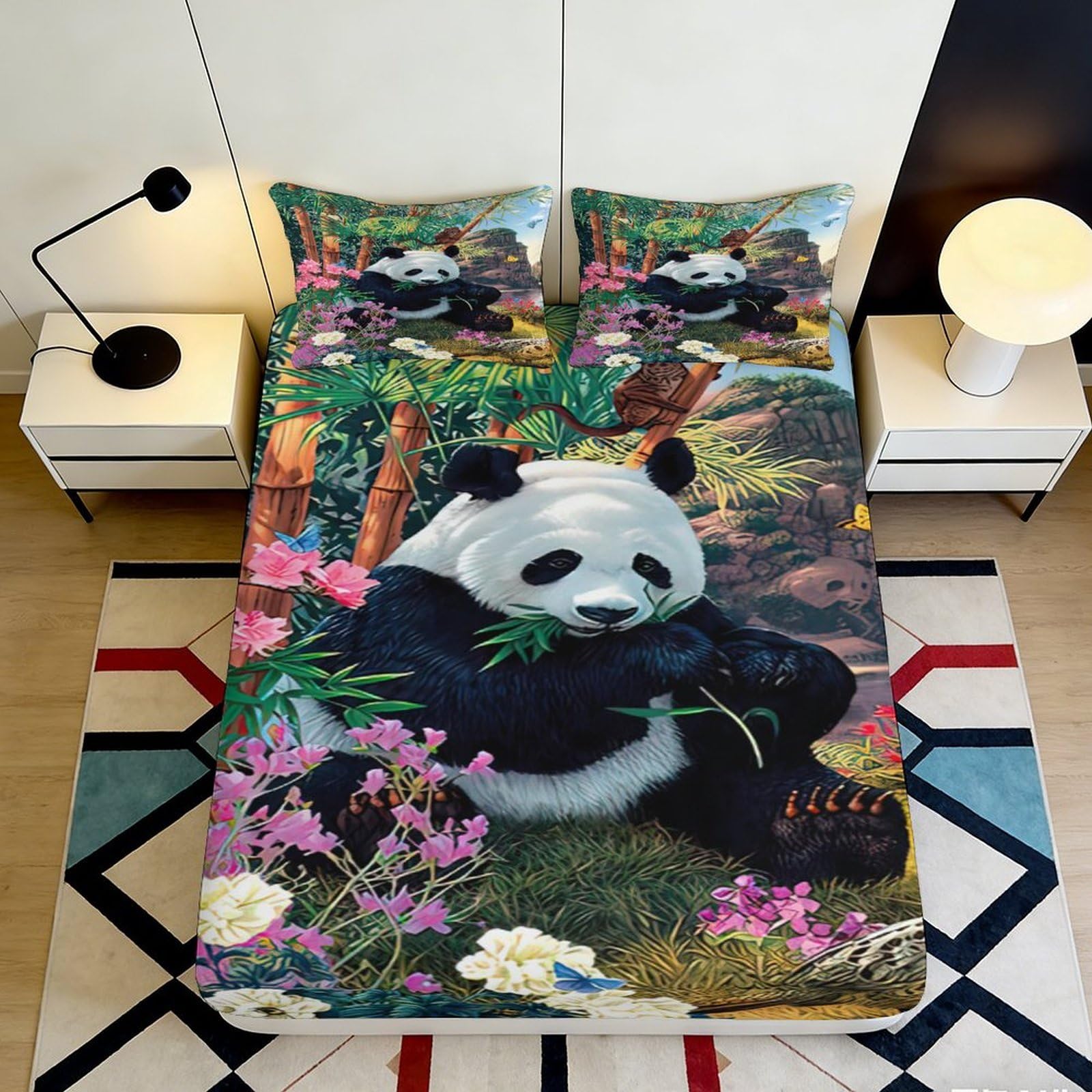 3D Printed Panda Bamboo Fitted Sheet Microfiber Soft Breathable Forest Flowers Mattress Cover Bedroom Decor 160x200x25cm
