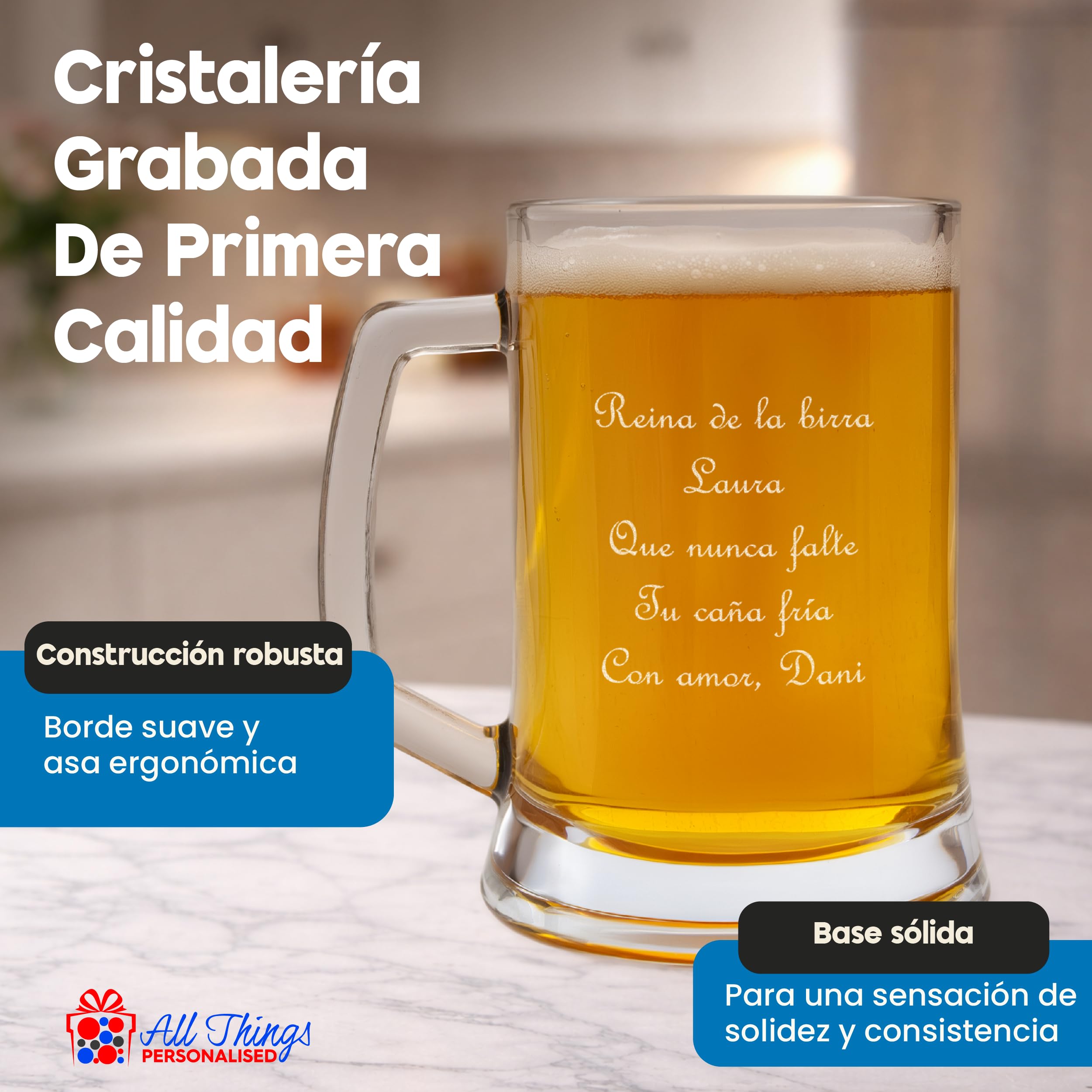 All Things Personalised Jarra de Cerveza Personalizada con Grabado, 500 ml - Regalo Original para Hombre, Padre o Abuelo - Mensaje o Nombre Personalizado - Grabado con Láser, con Caja de Regalo