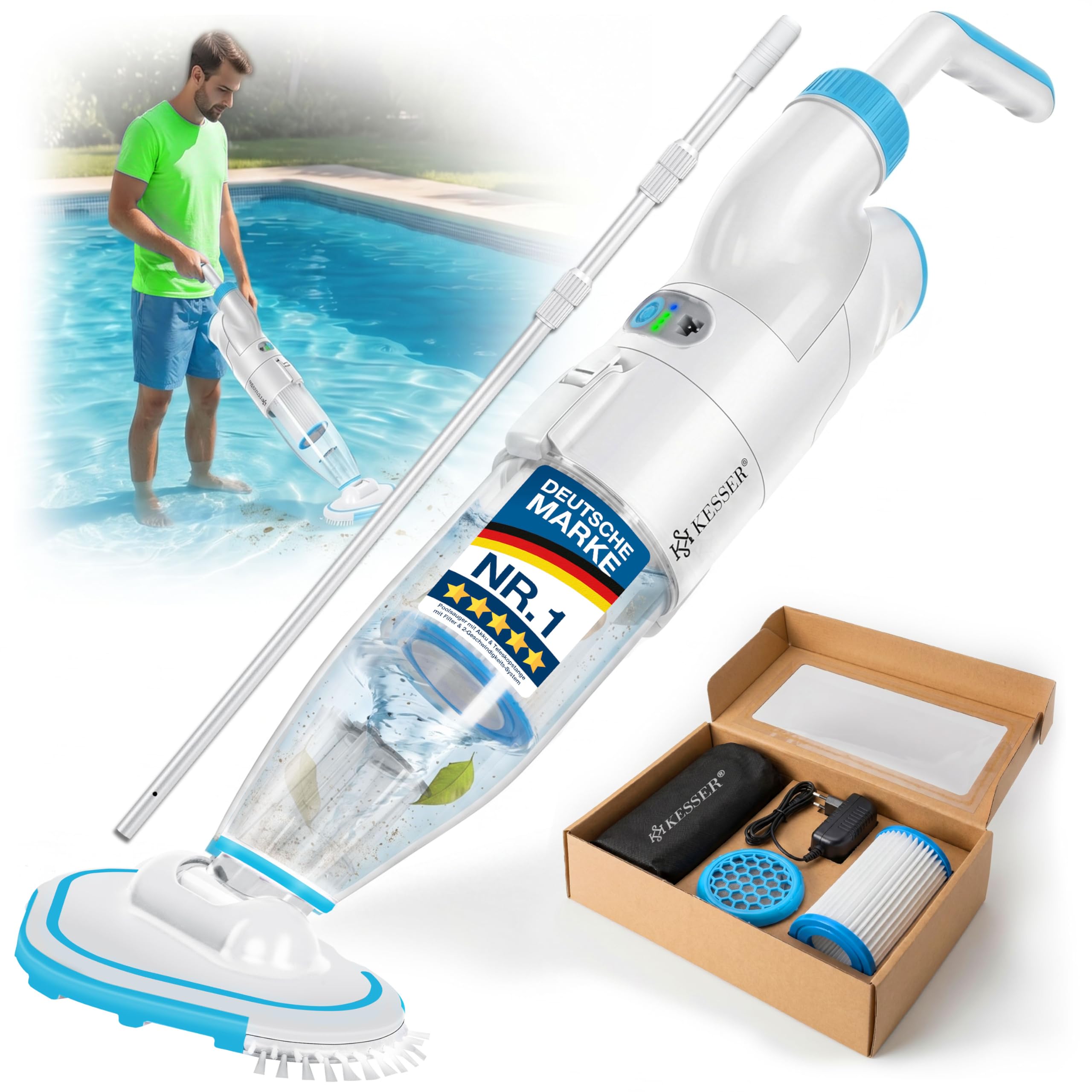 KESSER® Vacuum Cleaner per Piscina con Batteria Ricaricabile + Copertura | Vacuum Cleaner Elettrico per Piscina Manuale | con Filtro e Sistema a 2 velocità |Senza Cavi 15 m³, Fino a 15 m³,