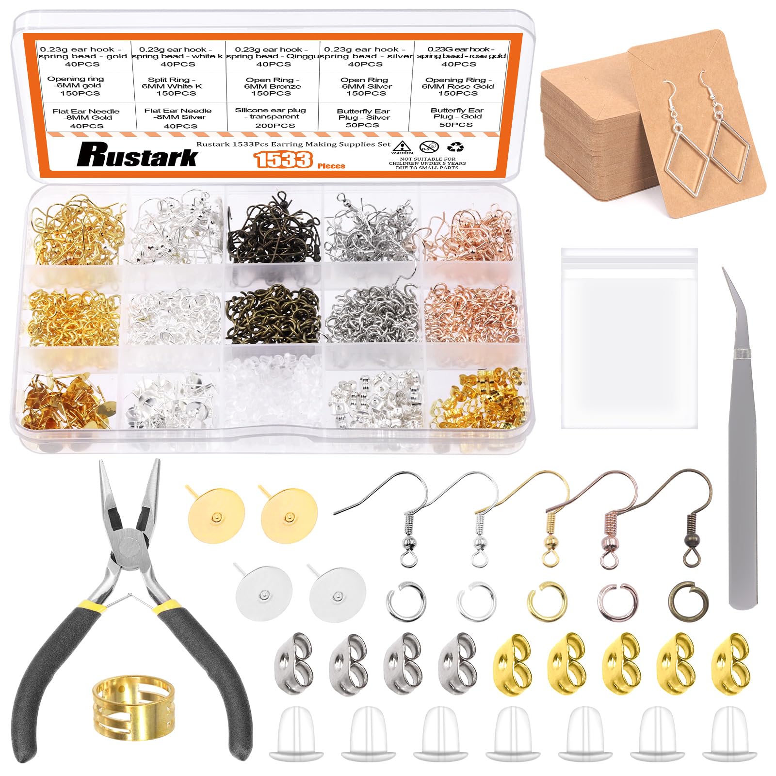 1533Pcs Hypoallergenic Earring Making Supplies Kit with Earring Hook, Earring Back, Earring Posts, Jump Ring, Jewelry Pliers, Earring Holder Card, Clear Bag for Jewelry Making Earring Repair