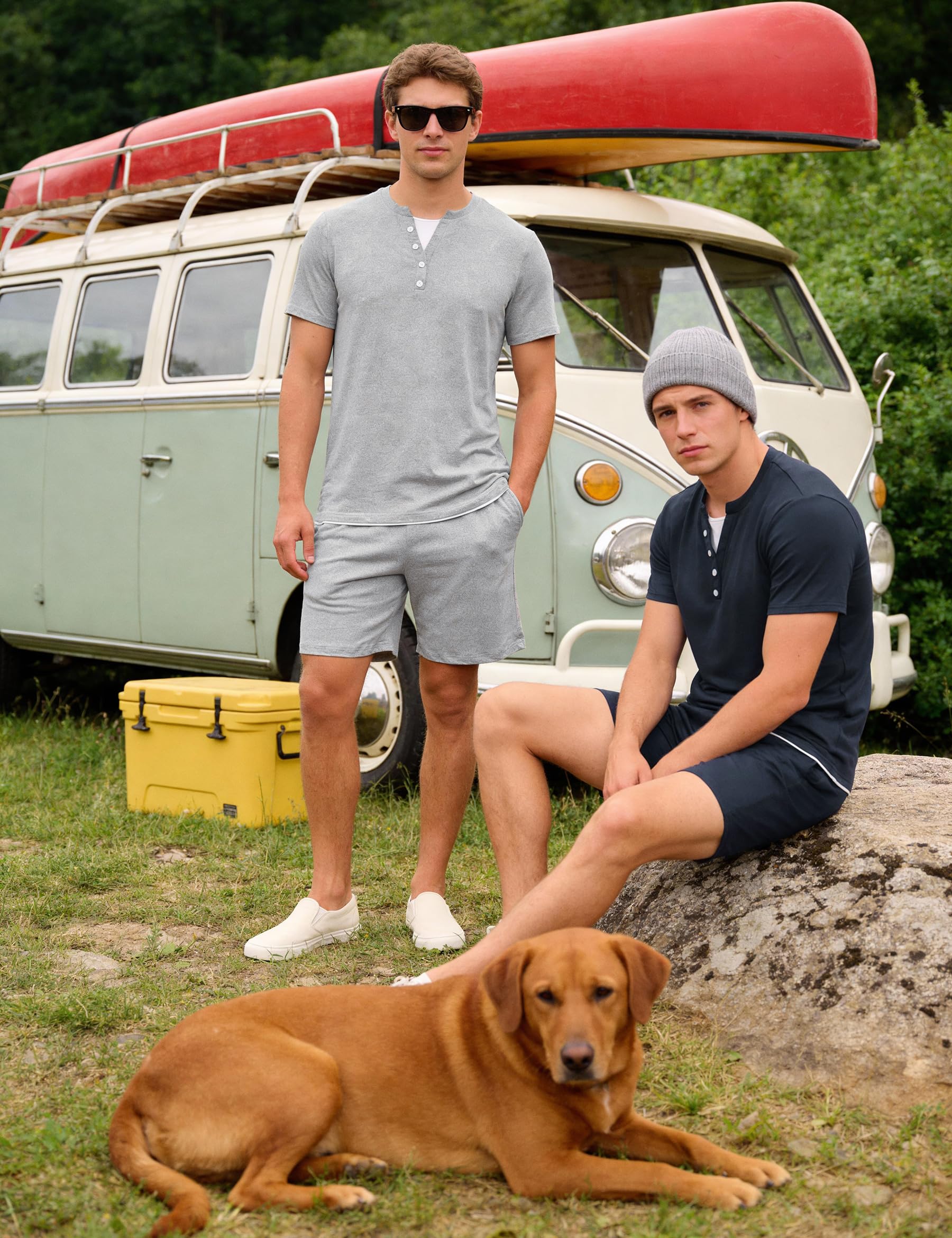 Pyjama Homme Court en Coton Été Ensemble de Pyjama à Col en V avec Boutons Décoratifs T-Shirt Uni et Short à Carreaux avec Poches