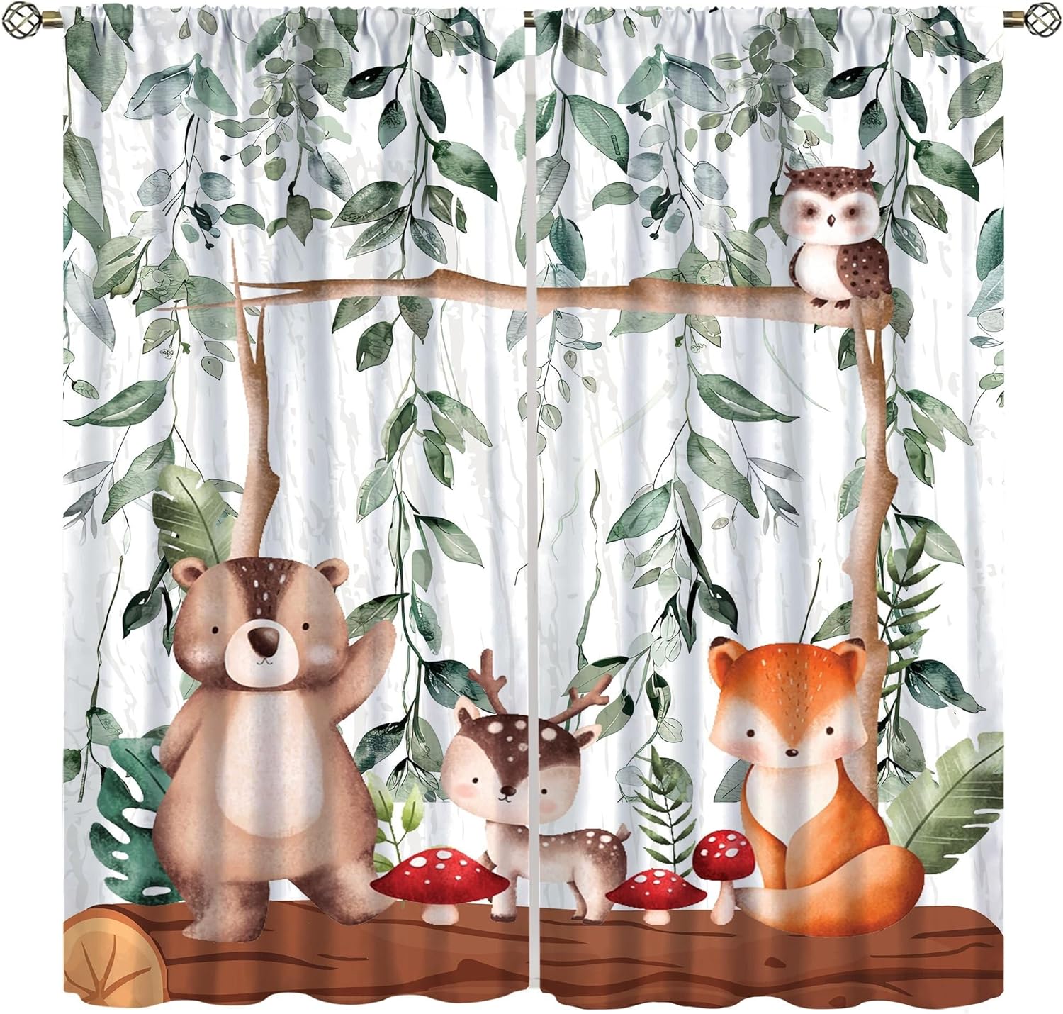 Kids Wildlife Blackout Curtains Watercolor Cartoon Animals Tropical Plants Flowers Window Treatments for Boys Girls Nursery Bedroom Classroom 42" W X 45" L