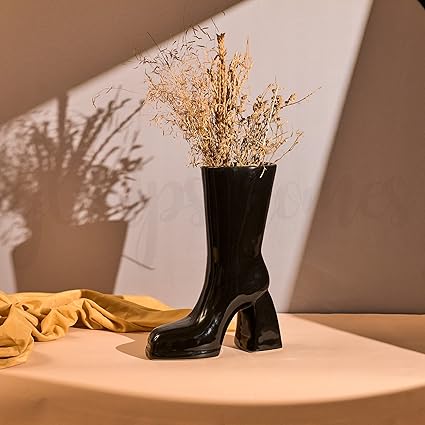 Glimpse Homes Boot Vase | Modern & Minimalist | 11 inch Ceramic Flower Vase (Gloss Black)