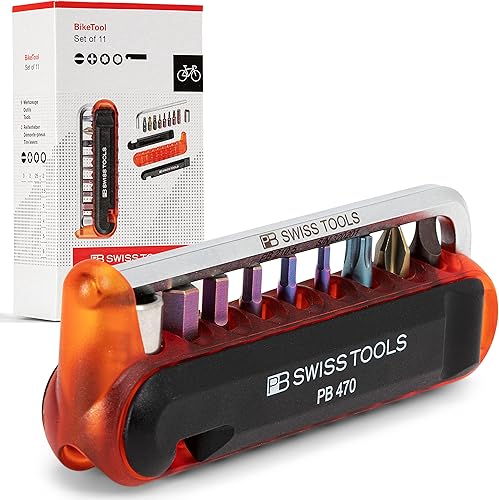 PB Swiss Tools Bike Multitool PB 470 100% Swiss Made Herramienta de bolsillo con brocas, llave Allen, adaptador de acero, palanca de neumático