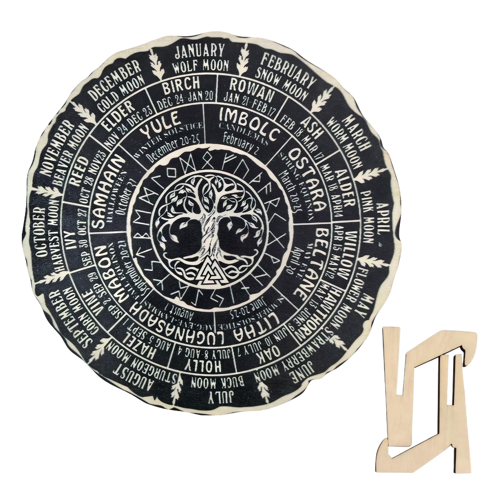 Wheel Of The Year Wood Sign- Celtic Tree of Life Calendar,Pagan Yule Decorations,Round Wooden Wheel of the Year Ornament,Wheel of the Year Wood Sign with Stand,For Living Room,Bedroom,Dining Room