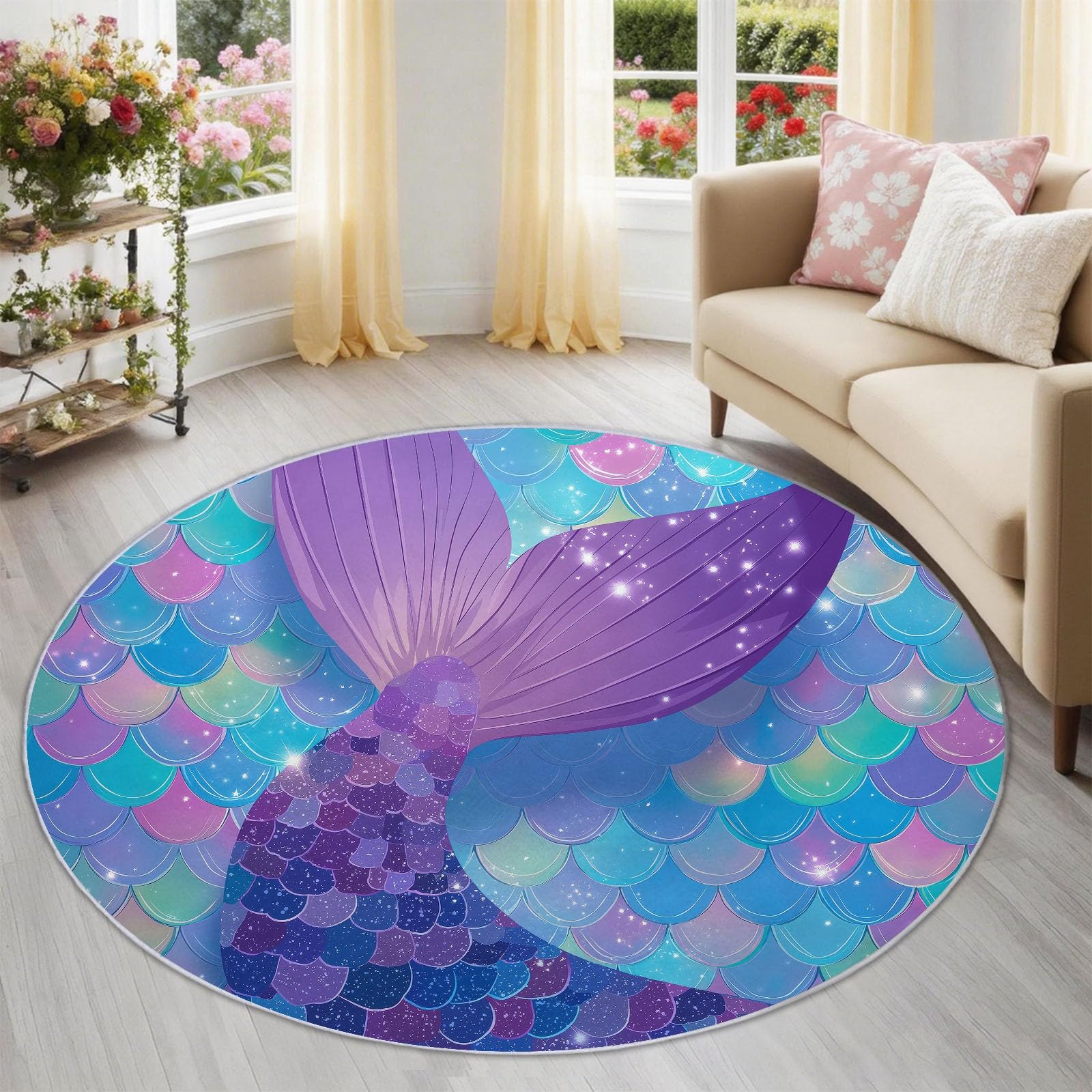 Tapis queue de sirène violet rond 160 cm lavable avec motif écailles en dégradé