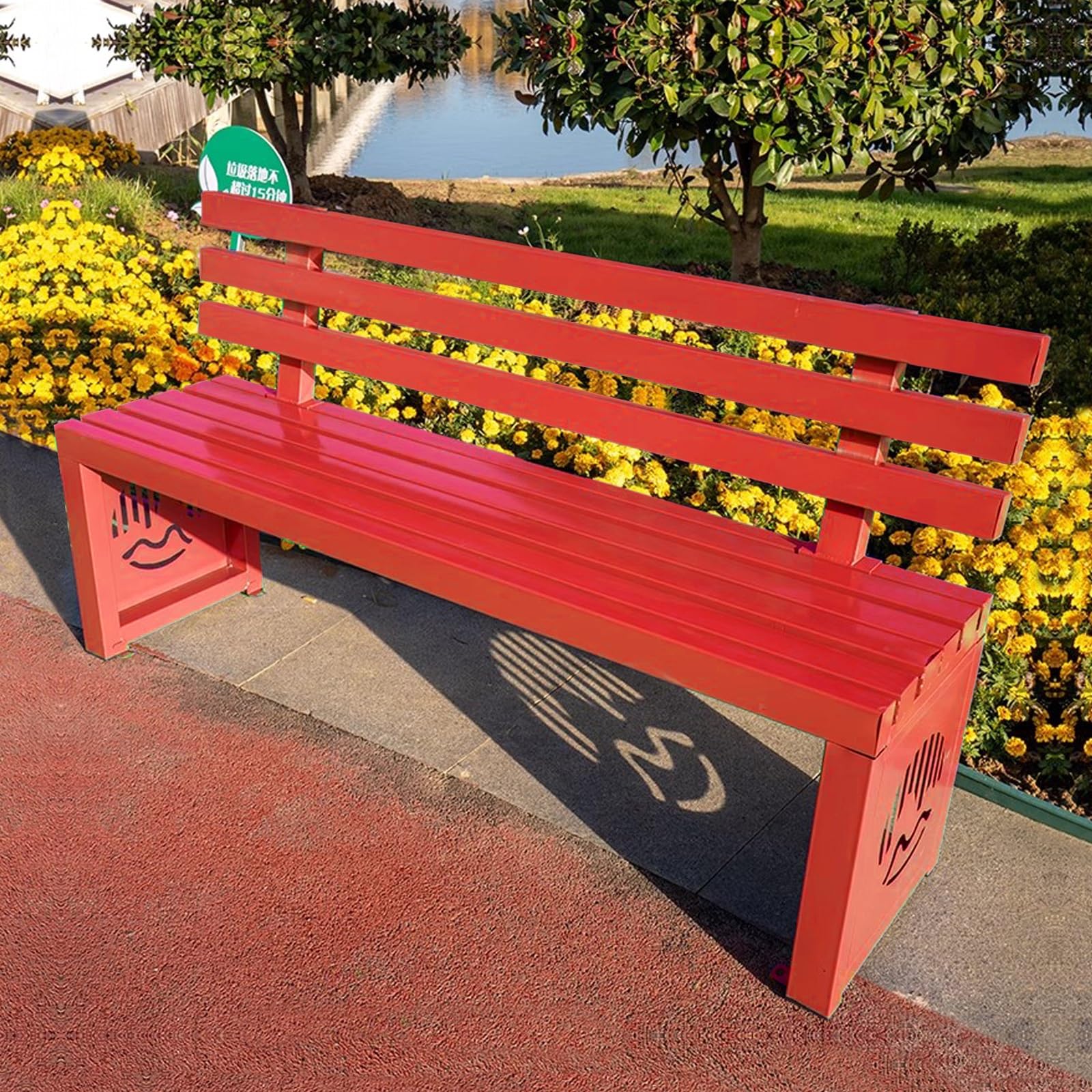 Odporna na warunki atmosferyczne metalowa ławka ogrodowa 119 cm z oparciem – idealne siedzisko na patio na park, podwórka, nics i werandę – czerwona ławka do relaksu na podwórku