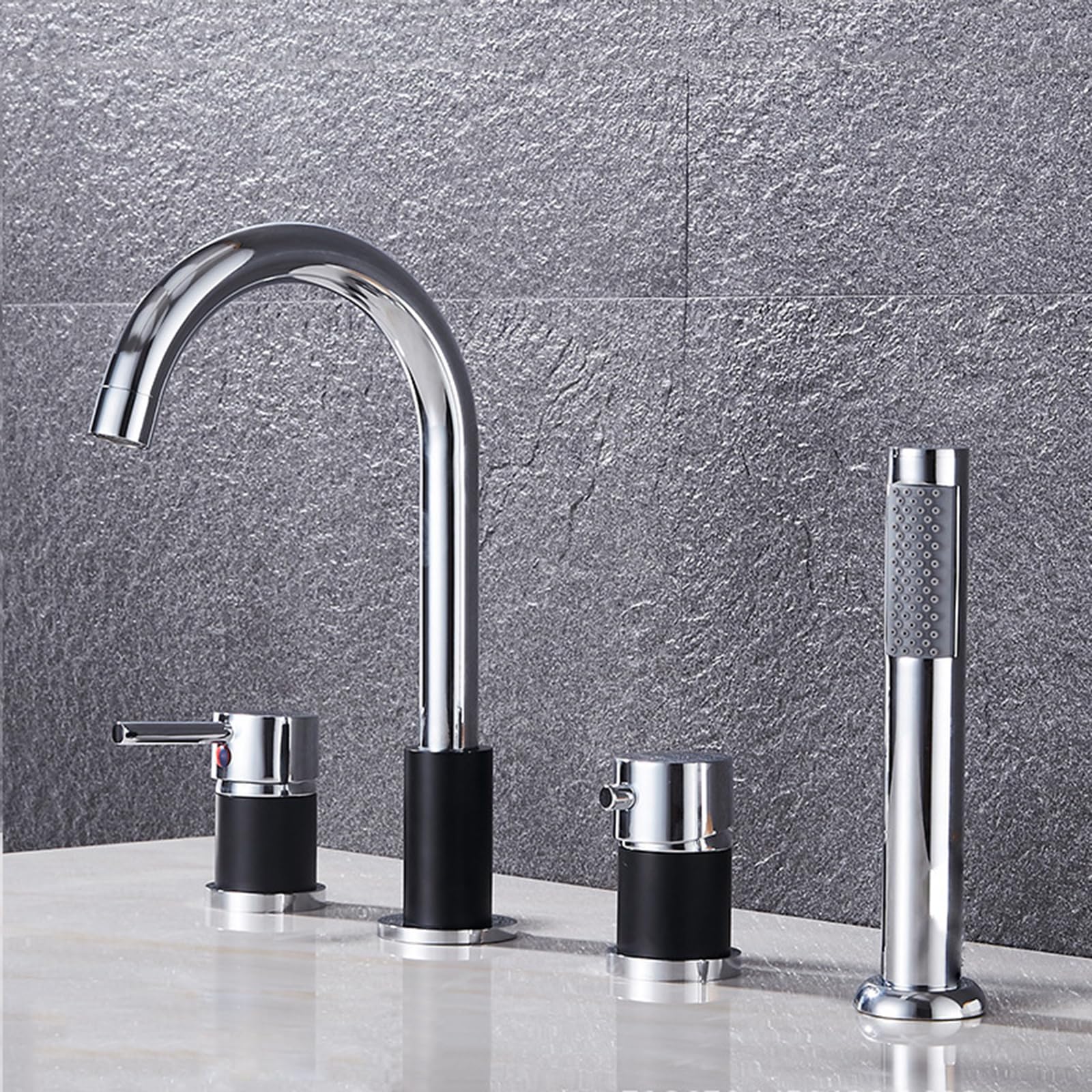 Bath Mixer Tap Set - 4 Hole Deck Mount with Shower, Chrome Bathroom Shower Mixer Tap for Tub