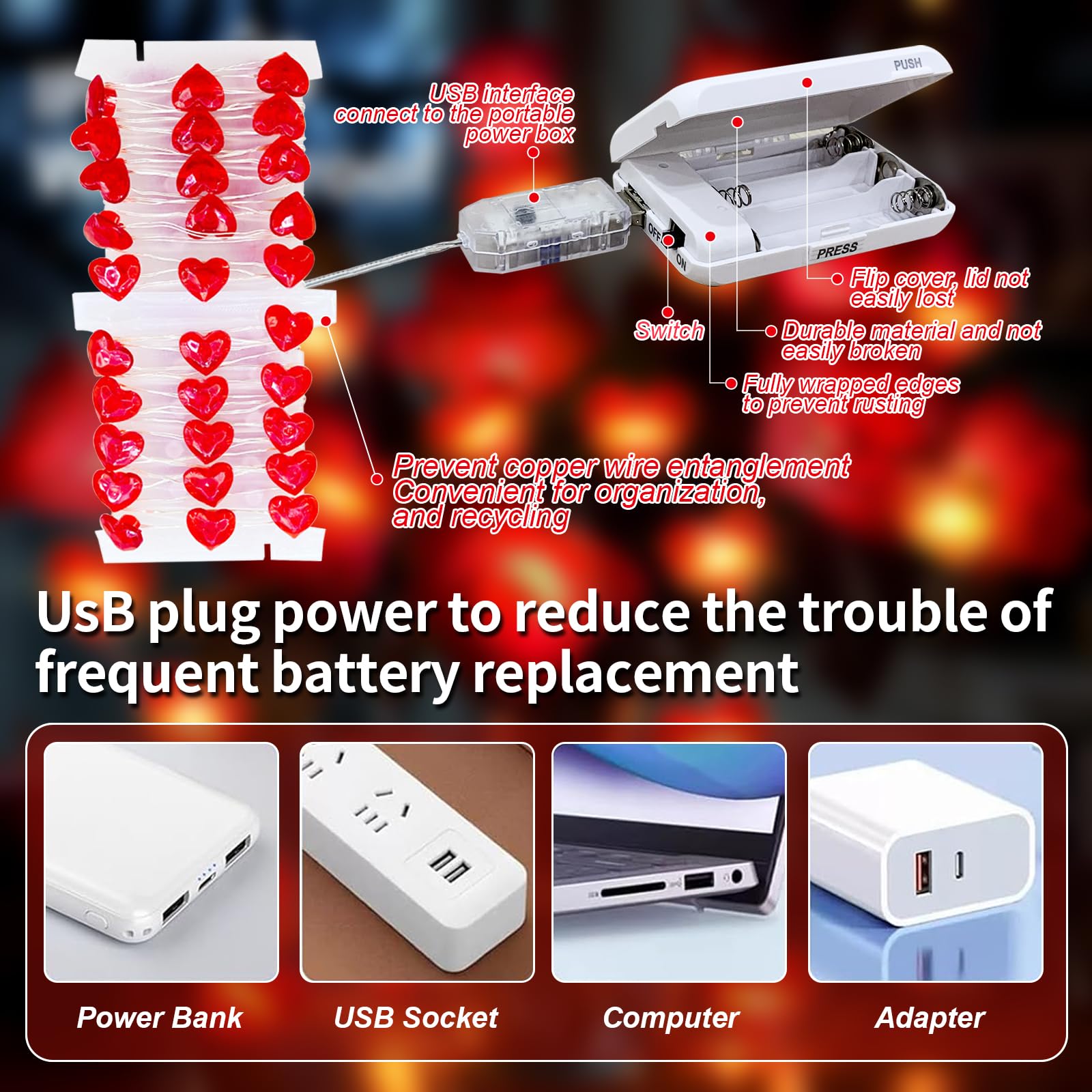 Luce rossa a forma di cuore da 50 LED, 4,6 m, presa USB e luce lampeggiante impermeabile alimentata a batteria, per interni ed esterni, proposta di Natale, anniversario, San Valentino