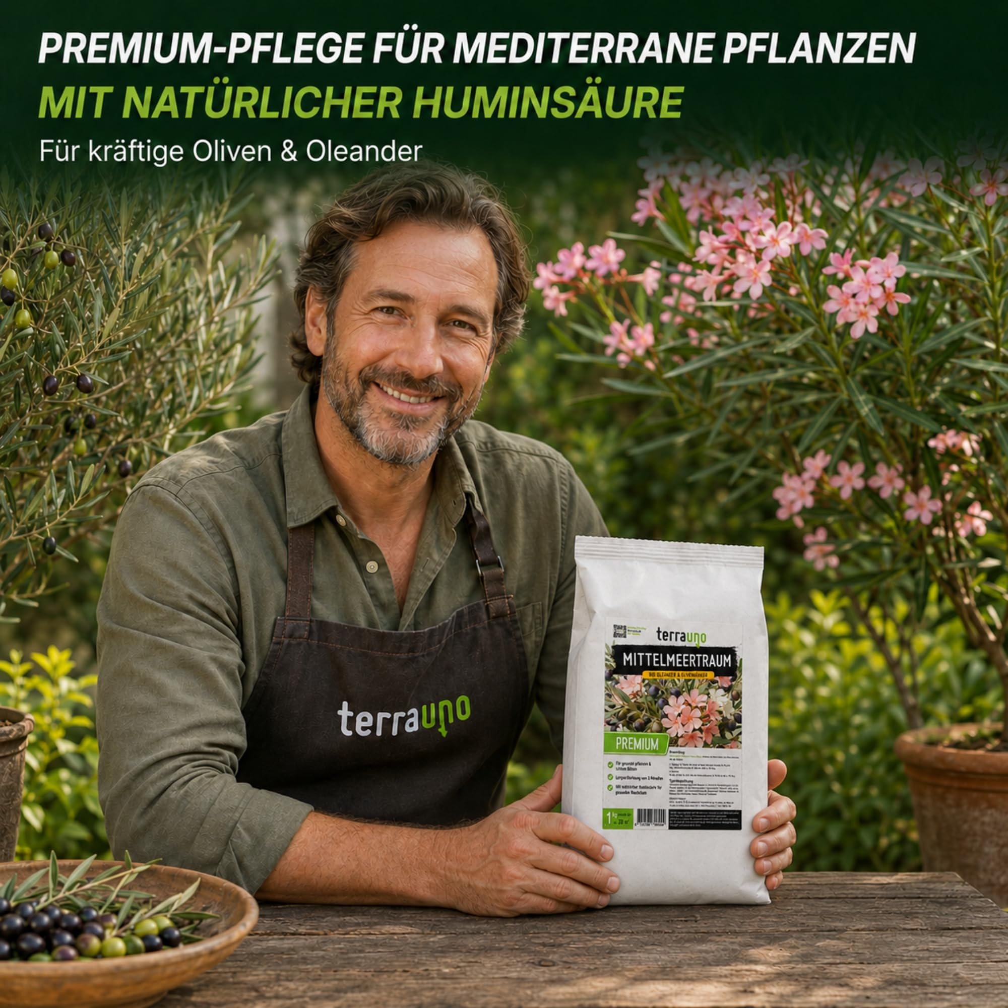 TerraUno Mittelmeertraum Olivenbaum & Oleander Dünger Bio 1 kg, für mediterrane Pflanzen, Zitrus & Palmen, Langzeitdünger mit Huminsäure, Organischer Volldünger Granulat