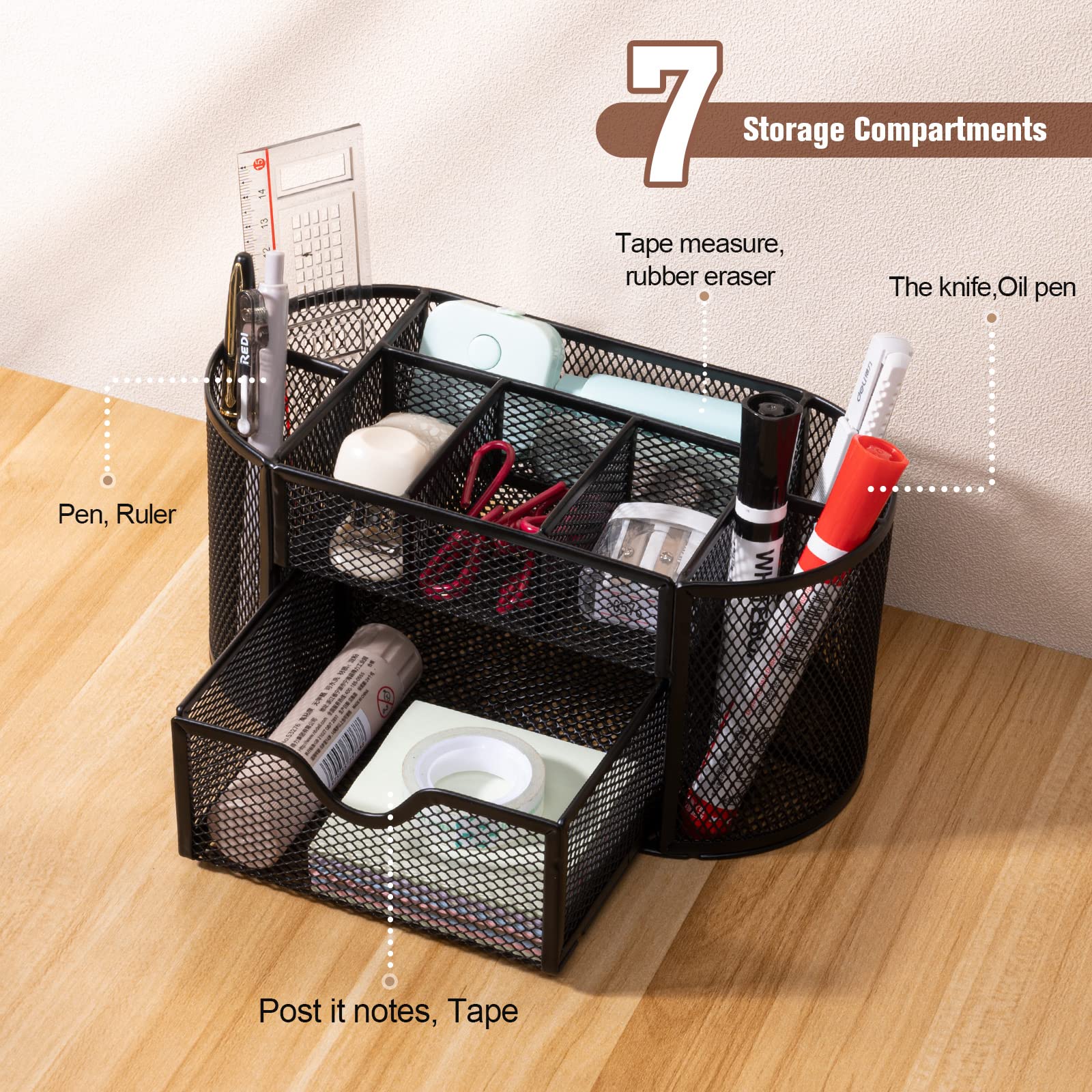 MumdoYAL Organisateur de bureau en maille métallique avec tiroir et porte-stylos pour stylos, notes adhésives, agrafeuses, trombones, compact et élégant pour un gain de place.