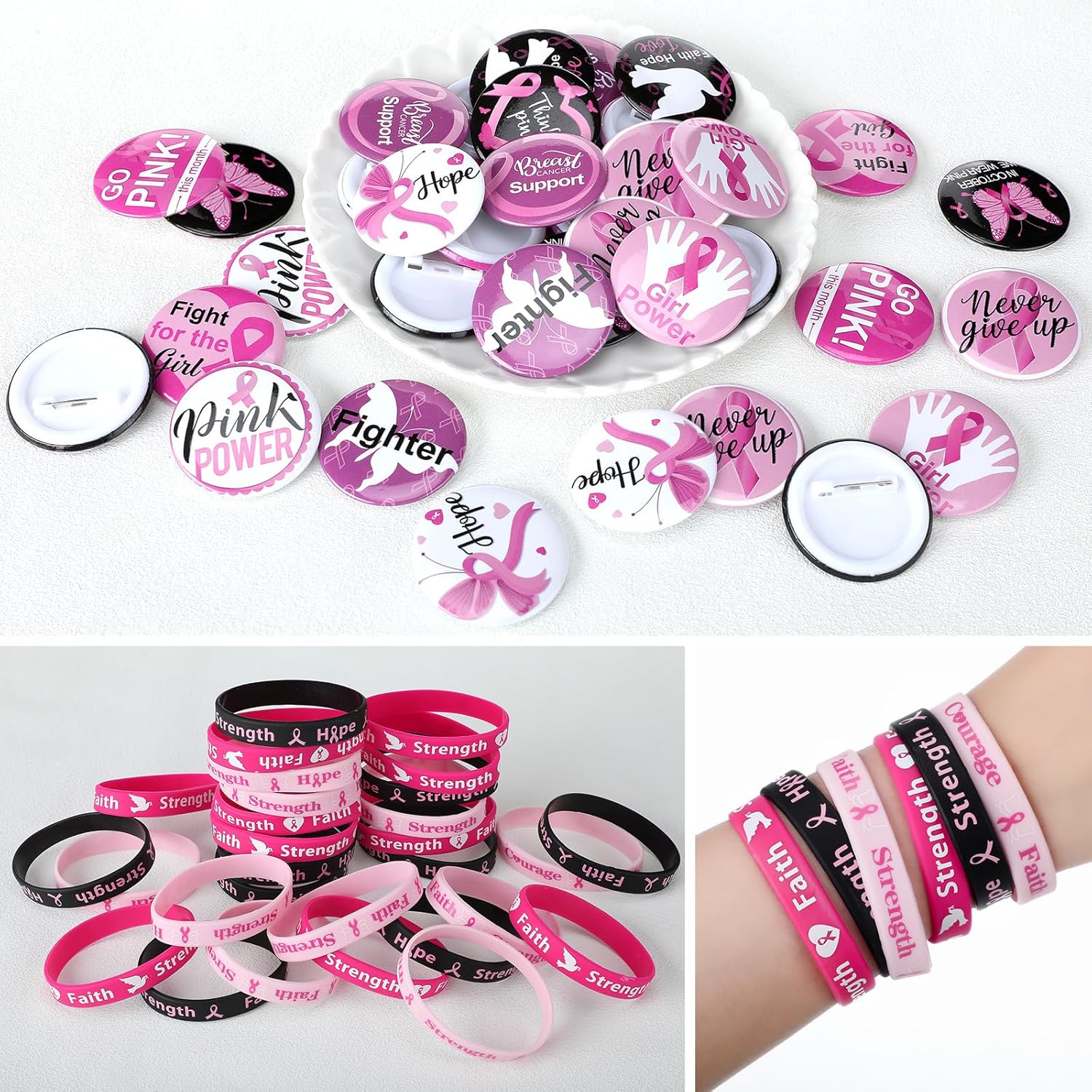 Ramede 75 Pack Breast Cancer Awareness Accessories Gifts Set Include Pink Ribbon Silicone Bracelet Pins Novelty Socks for Breast Cancer Awareness Month Survivor Party Favors Supplies