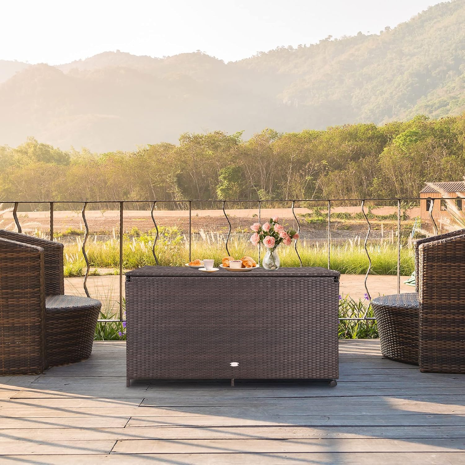 HAPPYGRILL 133 Gallon Outdoor PE Wicker Storage Box Rattan Deck Container with Waterproof Liner and 2 Universal Wheels, Garden Furniture Container Box for Cushions Garden Tools