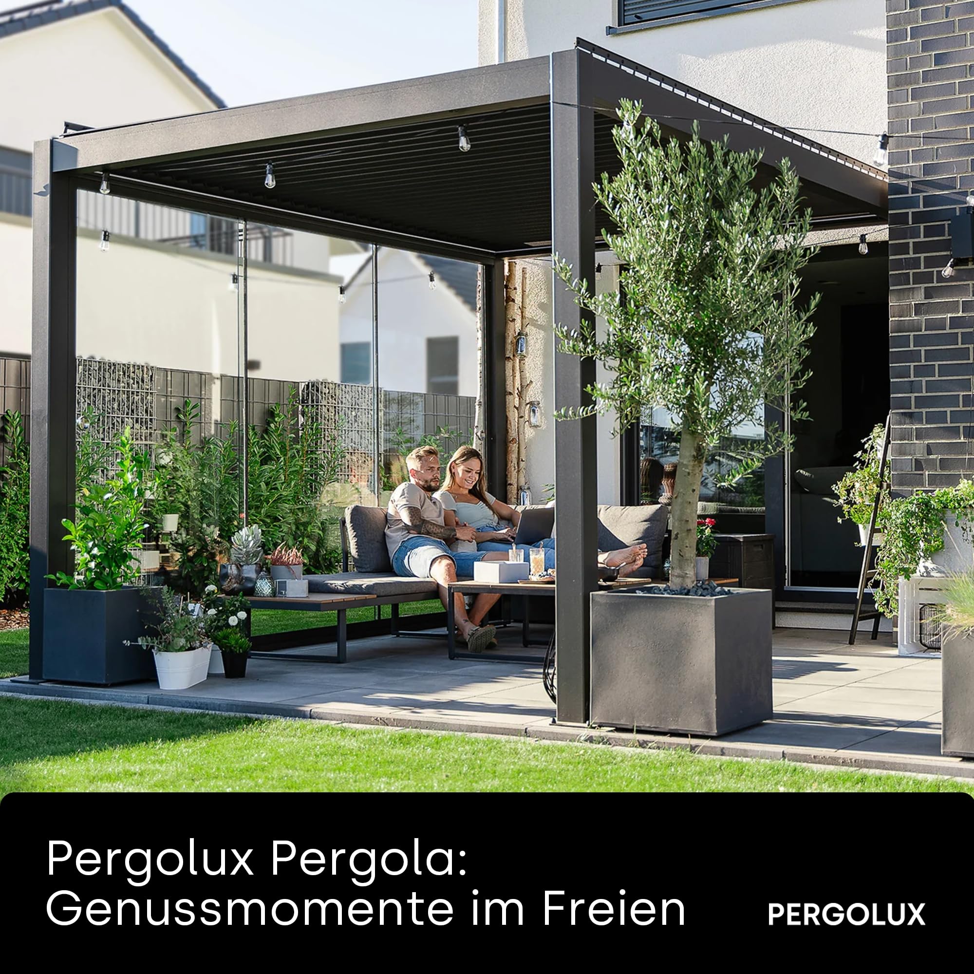 PERGOLUX – Pergola S2 4x4 m Freistehend Anthrazit – Garten Pavillon mit Sonnenschutz Überdachung – stabil, wasserdicht & Winterfest – ganzjährig perfekt bei Sonne, Schnee & Regen