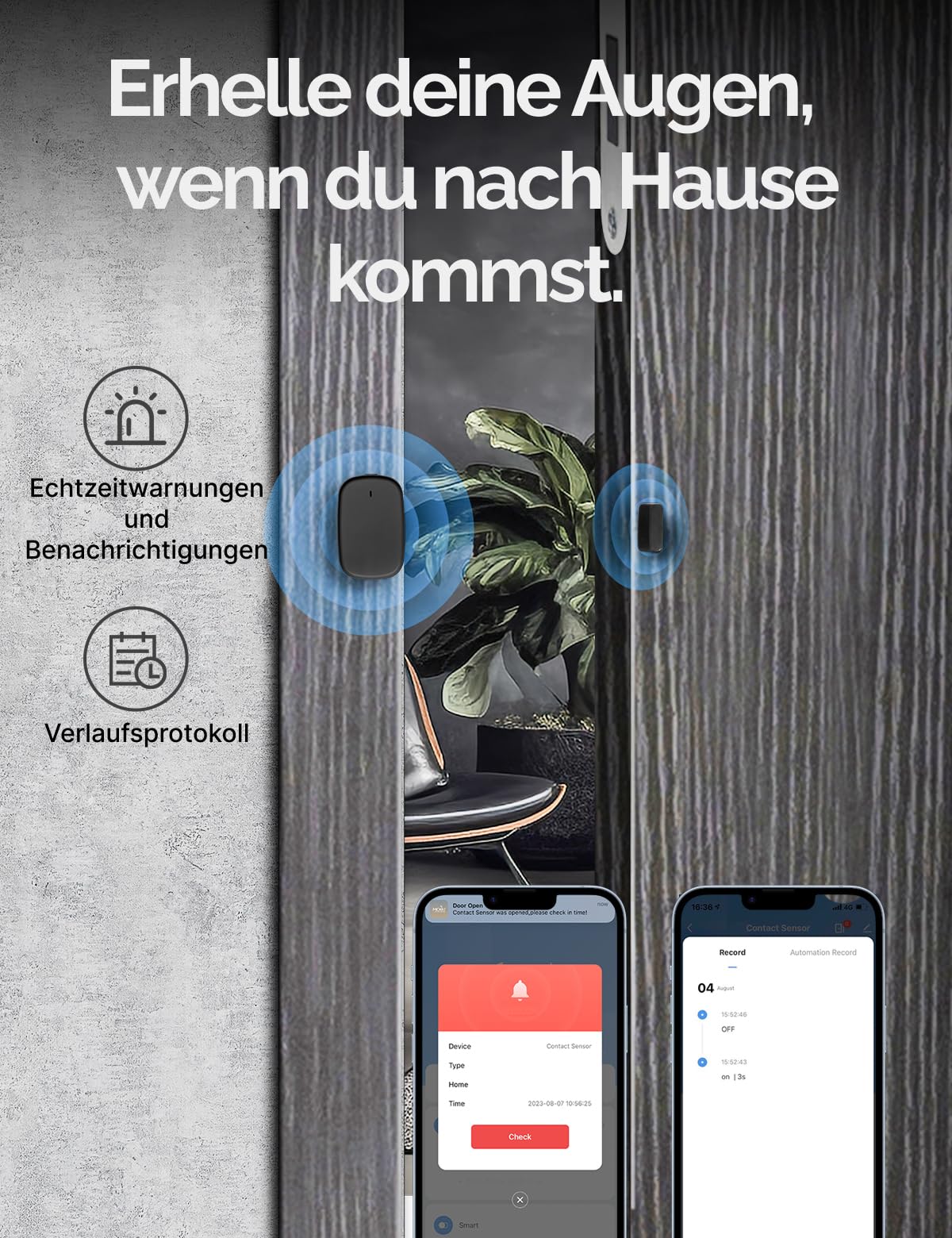 MOES Smart Tür - und Fenstersensor,MOES/Tuya ZigBee Hub erforderlich,Drahtloser Detektor für Alarmanlage, Smart Life/Tuya App,Kompatibel mit Tuya-Geräte, Alexa,und Google Assistant,Schwarz 3P