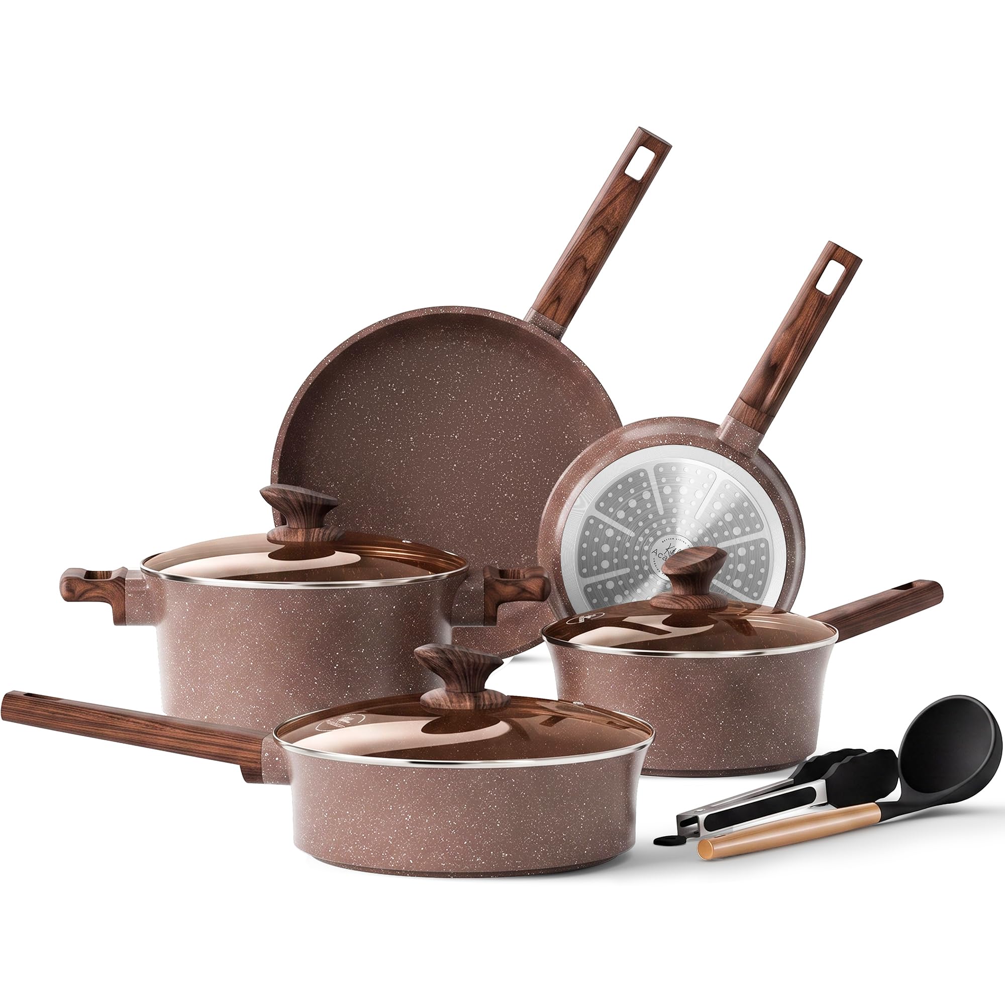 Kitchen Academy Pots and Pans Set Non Stick, 10PCS Ceramic Cookware Brown
