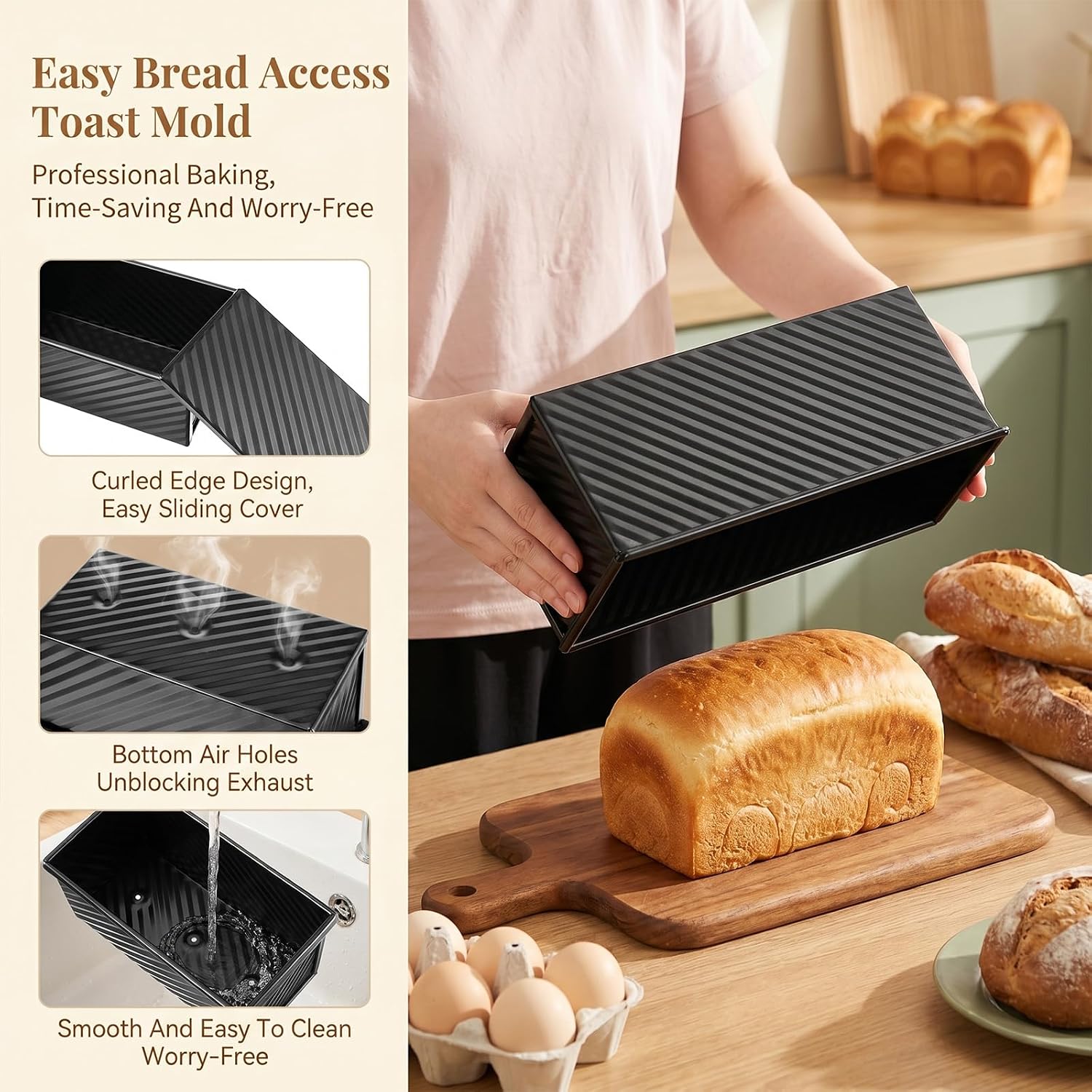 3 Sets Pullman Loaf Pan with Lid Set-Non Stick Carbon Steel Bread Bake Mold