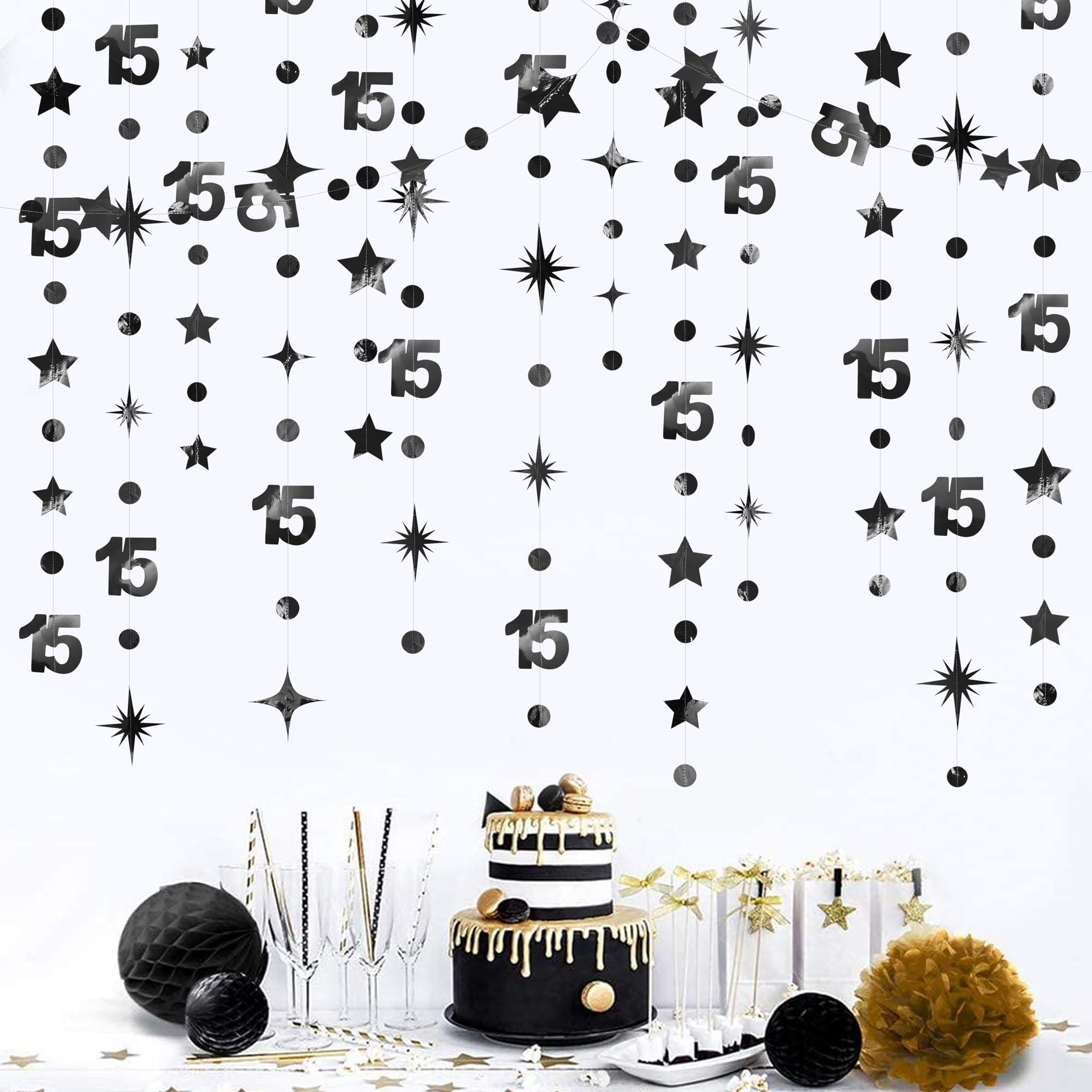 Black 15th Birthday Decorations Number 15 Circle Dot Twinkle Star Garland Metallic Streamer Banner Backdrop for Girls Boys Cheers to 15 Years Old Birthday Happy 15th Anniversary Party Decor Supplies