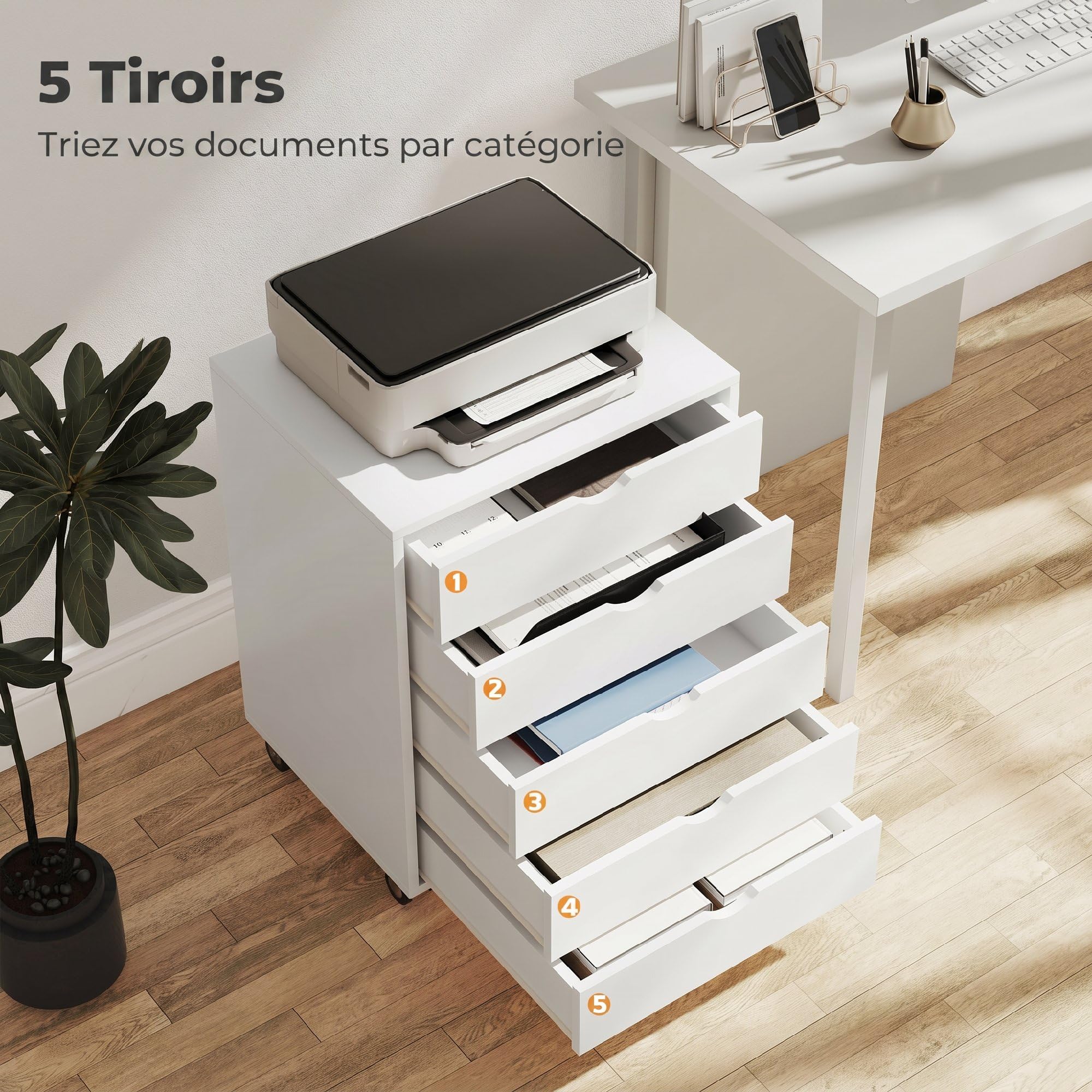 HOMCOM Caisson Bureau Mobile avec 5 Tiroirs A3/Lettre/A4 50x40x67,5cm Blanc | Meuble Rangement Bureau sur Roulettes, pour Imprimante, Caisson de Rangement pour Travail ou Chambre