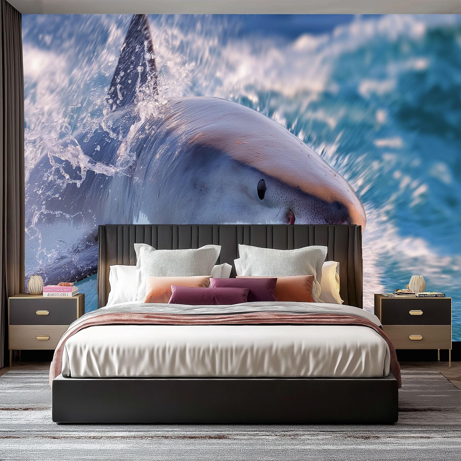 Générique Panoramiczna tapeta oceanu rekiny 200 x 140 cm, dekoracja ścienna z dzikimi zwierzętami do salonu sypialni, niebieski gobelin ścienny tapeta z włókniny