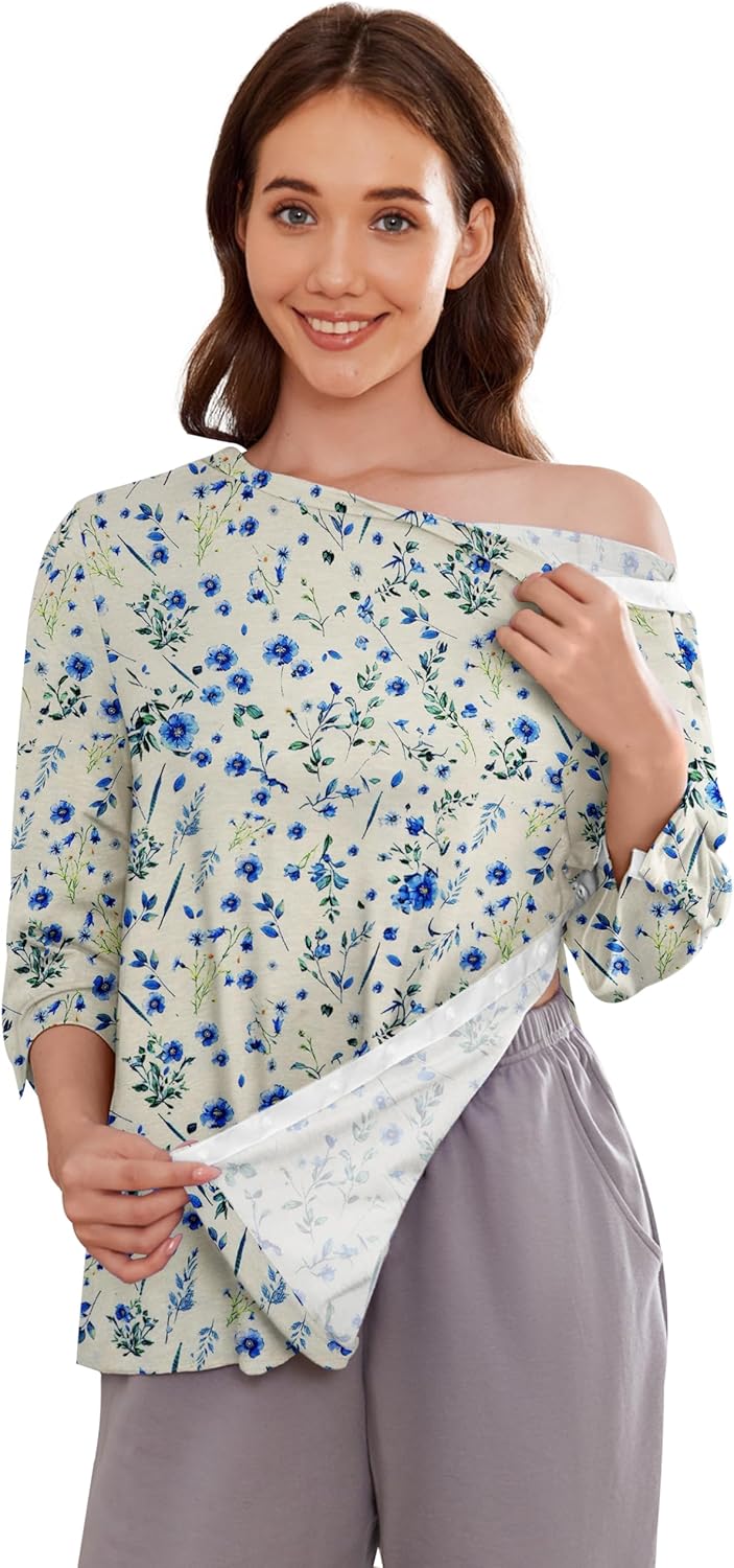 Deyeek Post Shoulder Surgery Shirts for Women Tear Away 3/4 Tops After Rotator Cuff Shirts Chemo Port Adaptive Clothing